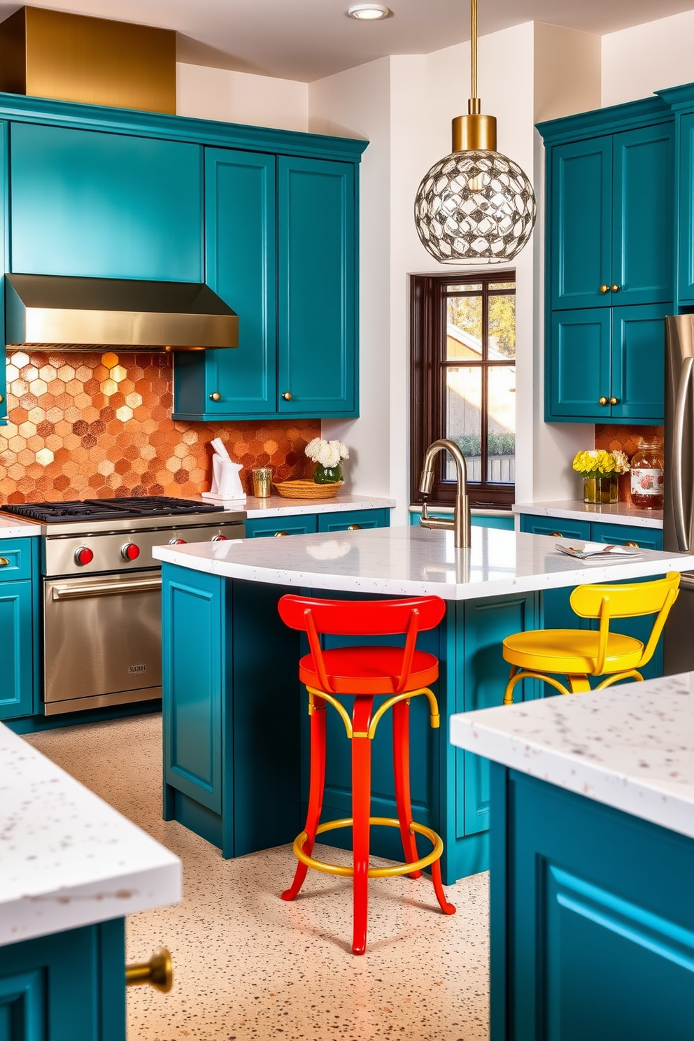 A vibrant kitchen filled with mixed metal finishes creates a lively atmosphere. The cabinets are a bold teal, complemented by brass hardware and a copper backsplash that catches the light beautifully. The countertops are a striking white with colorful speckles, adding a playful touch to the design. Brightly colored bar stools in red and yellow sit at a central island, inviting friends and family to gather.