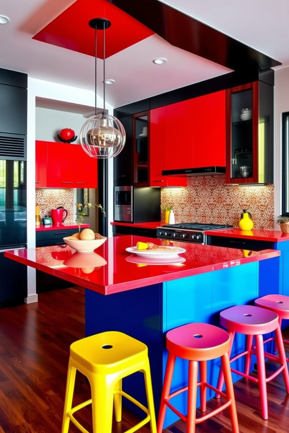 A bold red kitchen island takes center stage, complemented by sleek black accents throughout the space. The cabinetry features a mix of vibrant colors, creating a lively atmosphere that inspires creativity and joy in cooking. The countertops are adorned with a unique patterned backsplash that adds depth and character. Brightly colored bar stools surround the island, inviting friends and family to gather and enjoy the culinary experience.