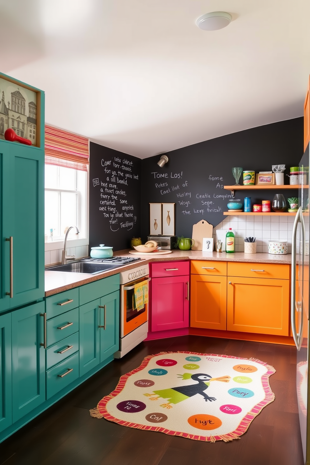 A vibrant kitchen space featuring playful chalkboard paint on one wall allows for notes and creative artwork. The cabinetry is a mix of bright colors, complemented by cheerful accessories and a playful rug on the floor.