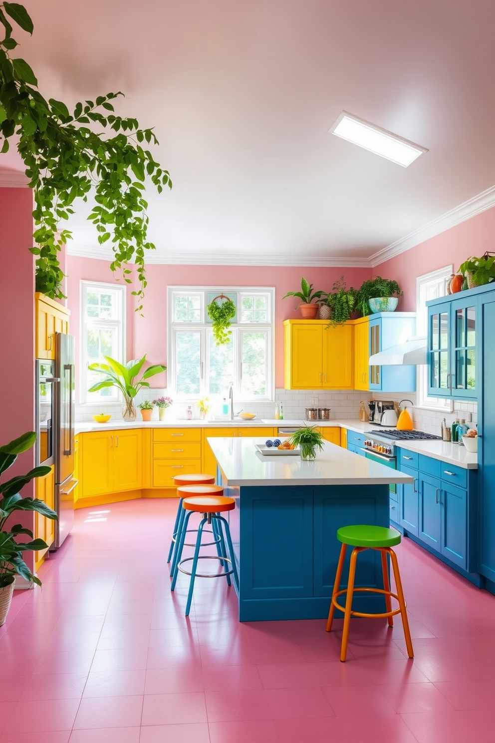 A vibrant kitchen filled with natural light. The walls are painted in a soft pastel pink, complemented by lush green decor elements throughout the space. Brightly colored cabinets in shades of blue and yellow create an inviting atmosphere. A large island in the center features a white countertop and colorful bar stools for casual dining.