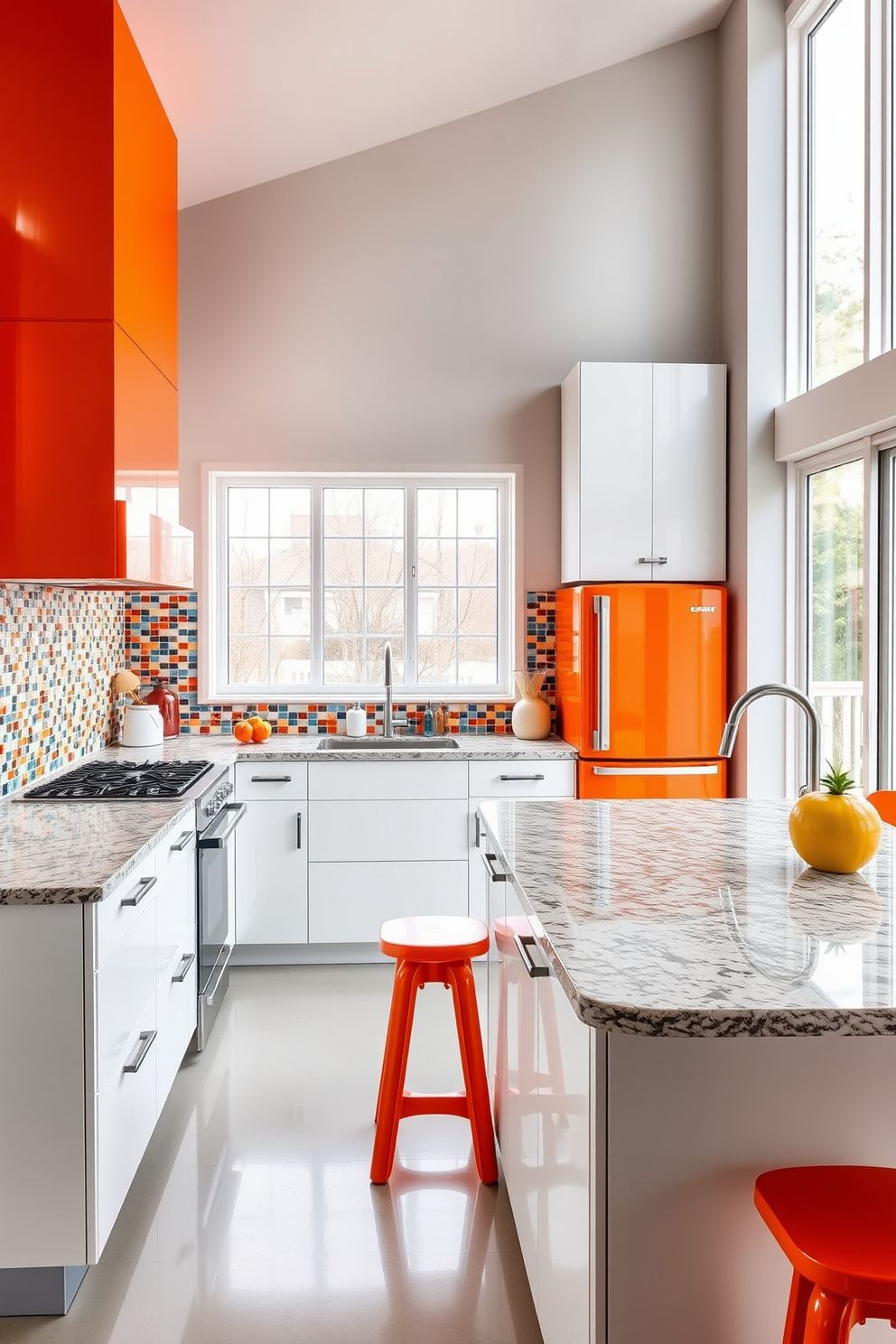 A sleek kitchen featuring vibrant orange appliances that stand out against a backdrop of white cabinetry. The countertops are made of polished granite, and the backsplash is adorned with colorful mosaic tiles that add a playful touch. The kitchen island is spacious and inviting, with bar stools in a contrasting color to complement the overall design. Natural light floods the space through large windows, enhancing the cheerful ambiance of this colorful kitchen design.