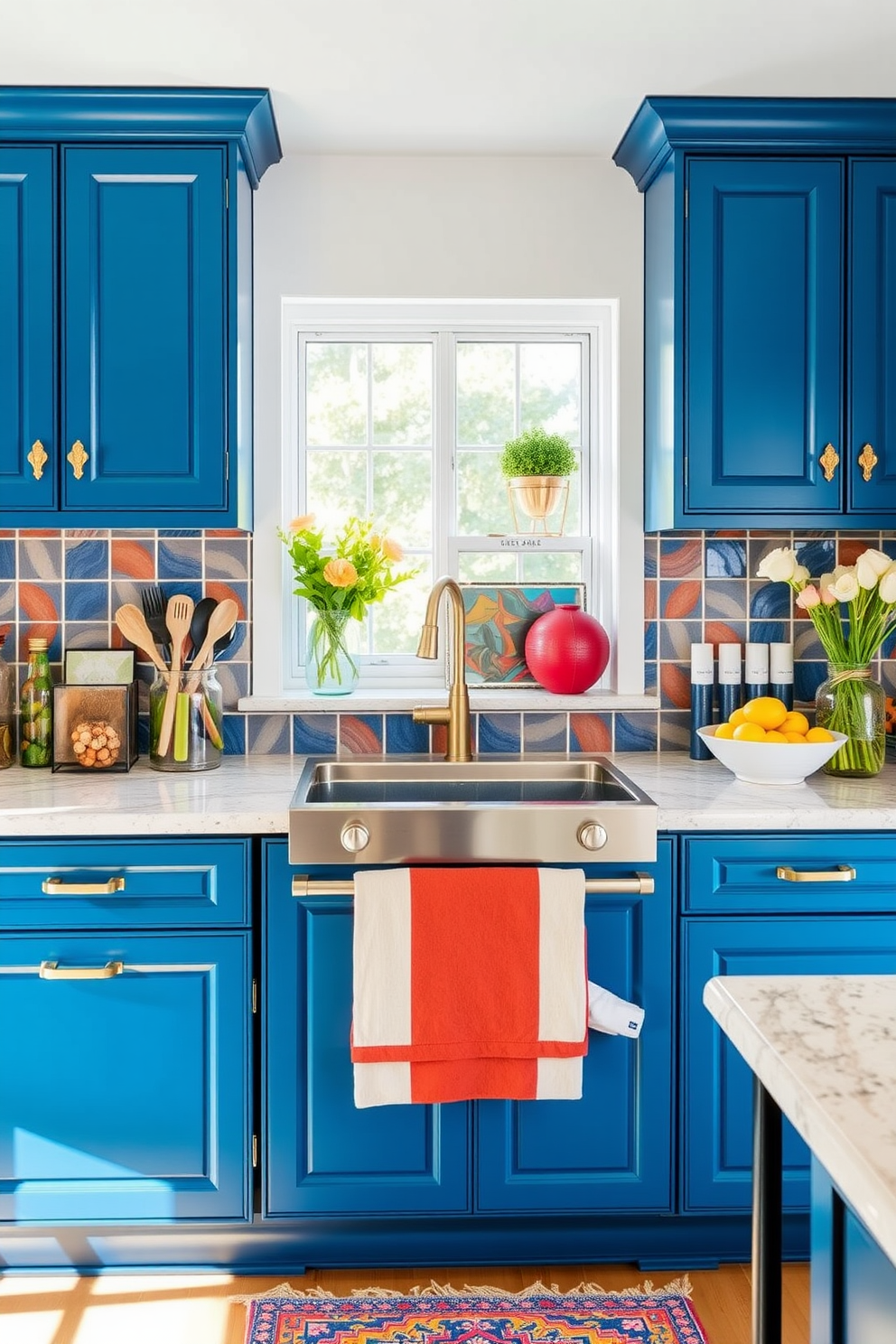 A vibrant kitchen featuring deep blue cabinets adorned with elegant brass hardware. The space is filled with natural light, highlighting the colorful accents throughout, including a bright backsplash and cheerful decor.