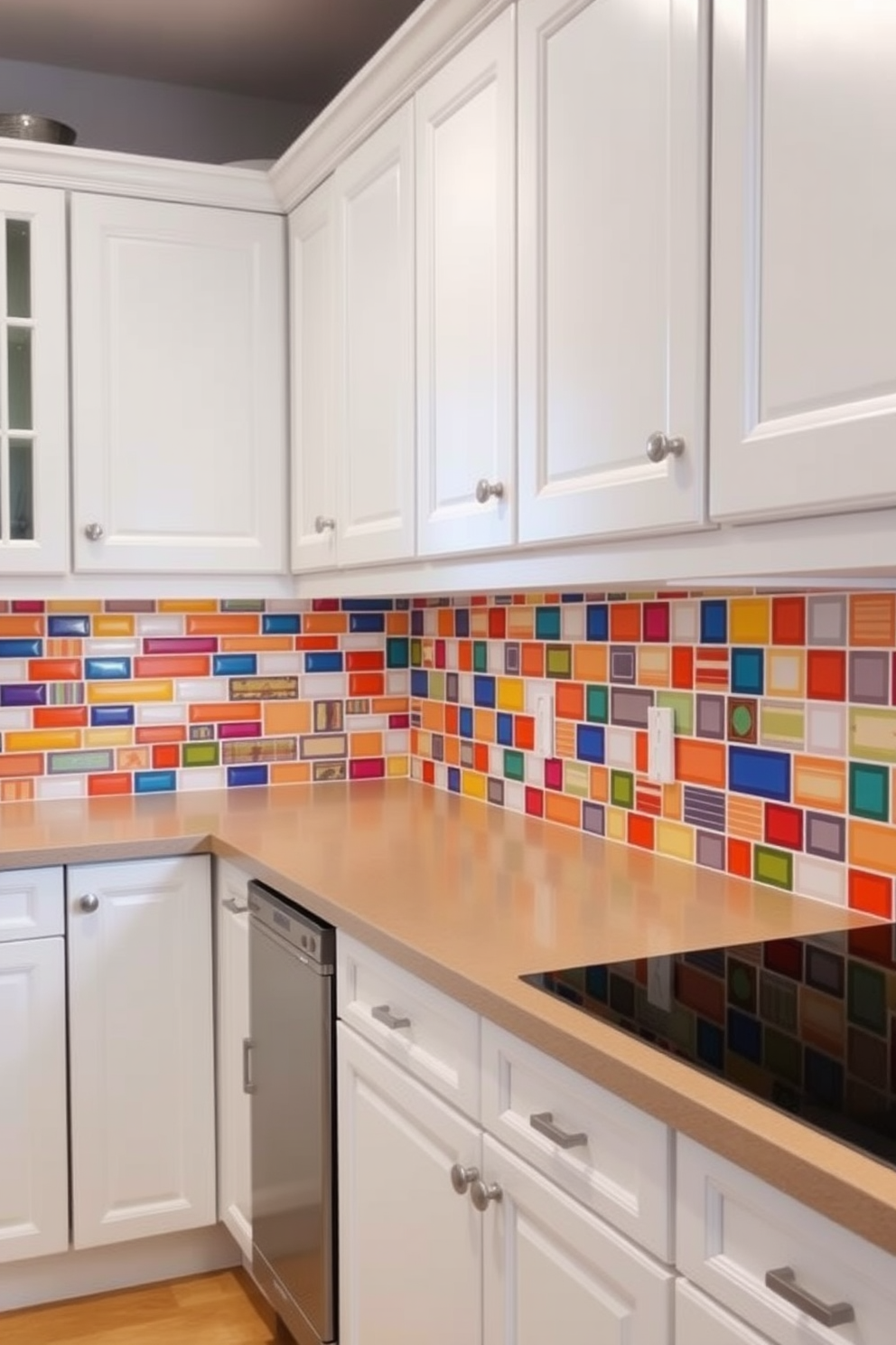 A vibrant kitchen setting featuring a playful backsplash made of multi-colored tiles. The cabinetry is a bright white, contrasting beautifully with the lively colors of the tiles, creating an inviting and cheerful atmosphere.