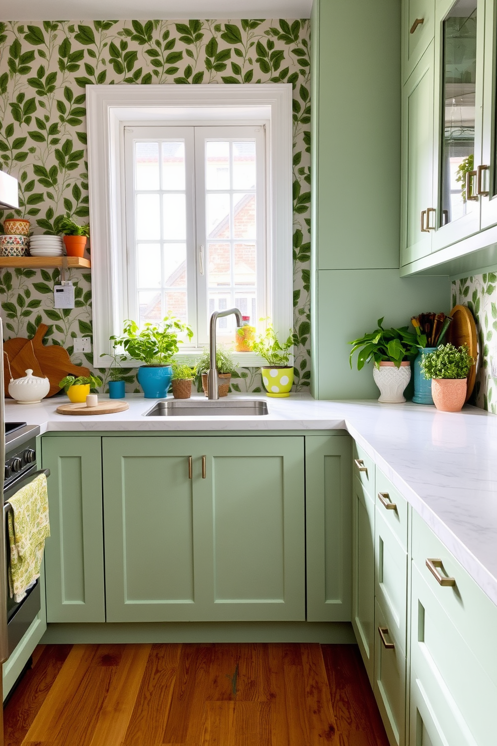 A vibrant kitchen filled with greenery-inspired decor. The walls are adorned with leafy patterned wallpaper, while the cabinetry features a fresh mint color that complements the natural theme. The countertops are made of white quartz with subtle green veining, and colorful accents are introduced through decorative kitchenware. Potted herbs and plants are placed on the windowsill, bringing life and freshness to the space.