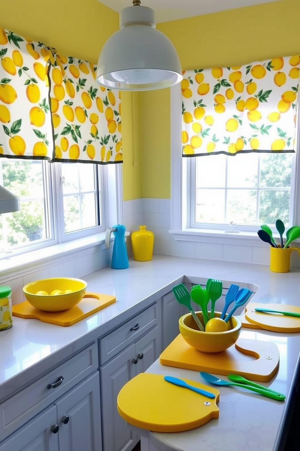 A bright and cheerful kitchen filled with sunny lemon-themed accessories. The walls are painted a soft yellow, and lemon-patterned curtains frame the windows, allowing natural light to flood the space. The countertops are adorned with vibrant lemon-shaped cutting boards and a matching fruit bowl. Colorful kitchenware, including bright blue and green utensils, adds a playful touch to the overall design.