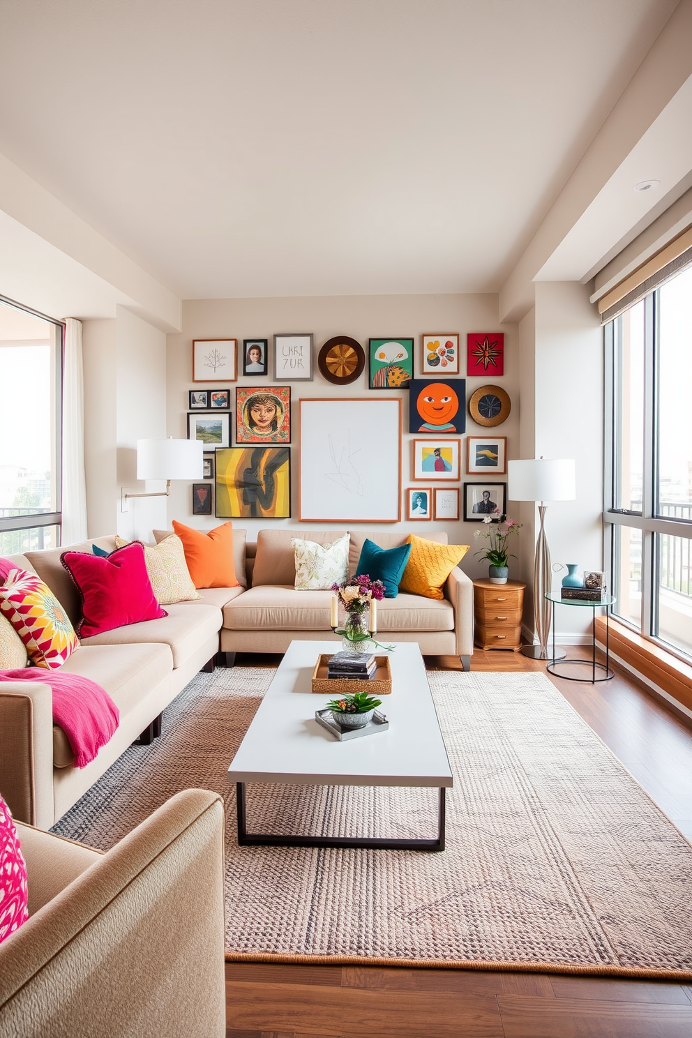 A cozy condo living room featuring neutral tones complemented by vibrant accents. The space includes a plush beige sofa adorned with colorful throw pillows, and a sleek coffee table sits atop a textured area rug. Large windows allow natural light to flood the room, highlighting the warm wooden accents throughout. A gallery wall of eclectic art pieces adds personality and visual interest to the neutral backdrop.