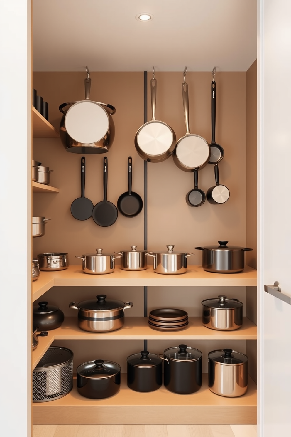 Create a modern condo pantry design featuring hanging pots for efficient use of space. The pantry should have sleek shelves and a warm color palette, with pots arranged in an organized yet visually appealing manner.