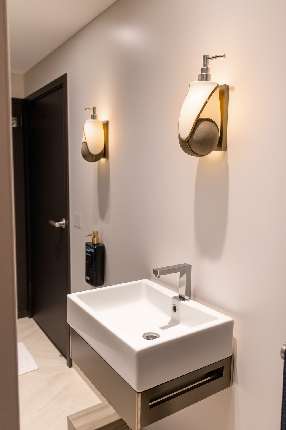 Artistic wall-mounted soap dispenser adds a touch of elegance to a contemporary powder room. The dispenser is crafted from ceramic with a unique, abstract design that complements the sleek lines of the space. The powder room features a floating vanity with a minimalist sink and brushed nickel fixtures. Soft ambient lighting enhances the room's modern aesthetic, creating a welcoming atmosphere for guests.