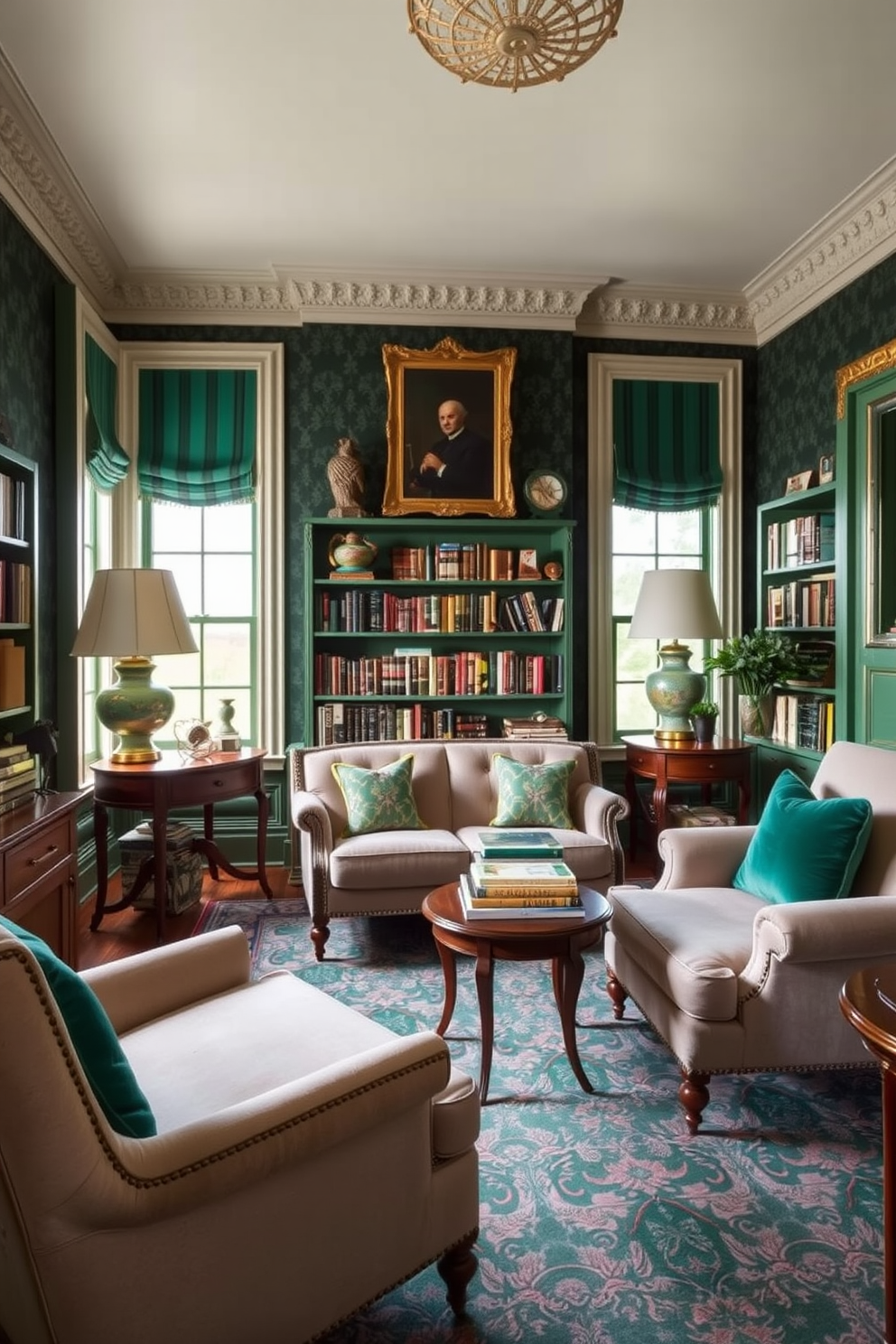 A cozy home library featuring vintage furniture with emerald accents. The walls are adorned with dark green wallpaper, and plush armchairs invite you to sit and read.