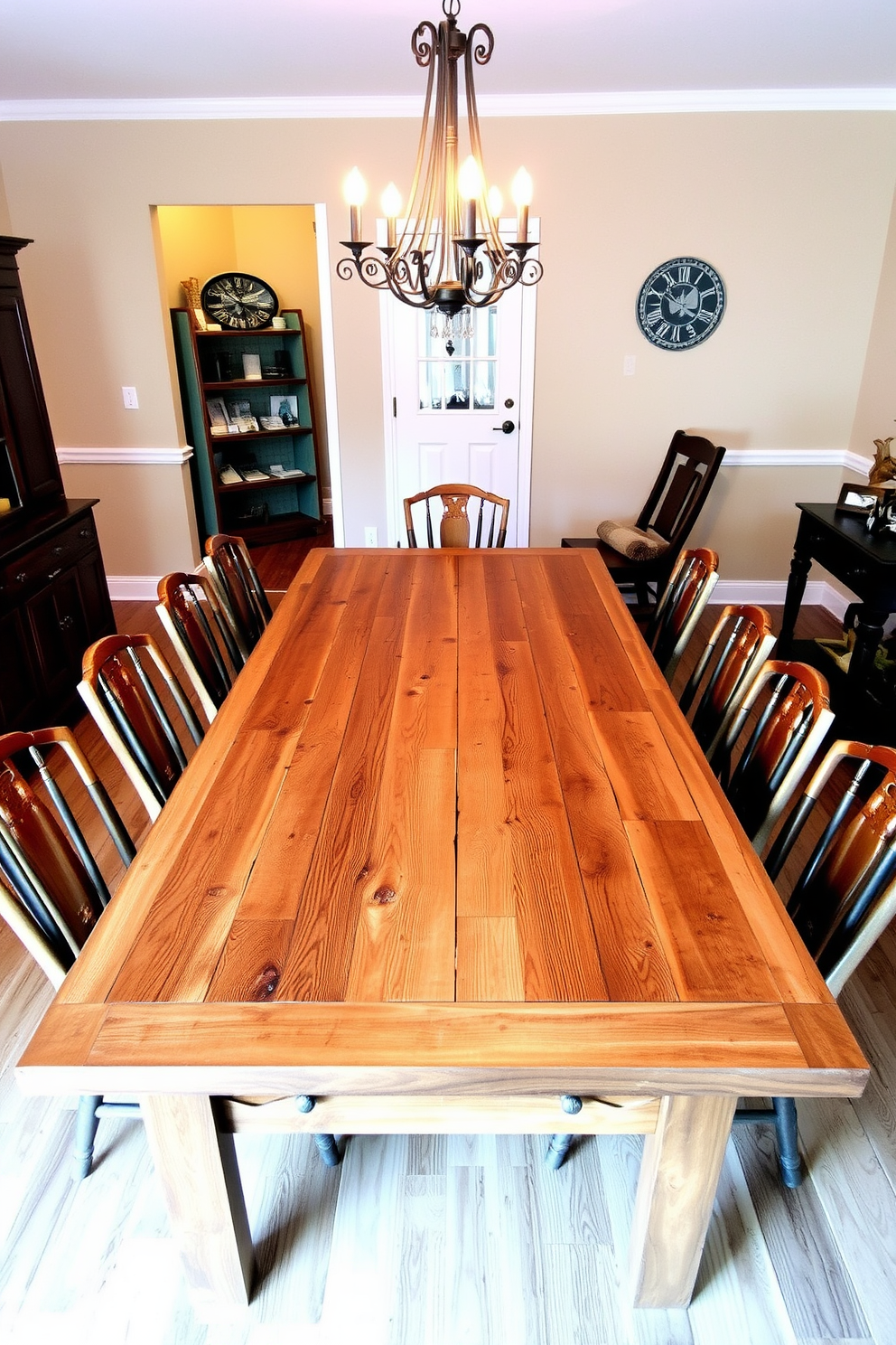 A rustic reclaimed wood farmhouse table sits at the center of a cozy dining room. Surrounding the table are mismatched wooden chairs, each with its own unique character, enhancing the warm, inviting atmosphere. The table features a natural finish that highlights the wood's grain and imperfections. Above, a wrought iron chandelier casts a soft glow, complementing the rustic charm of the space.