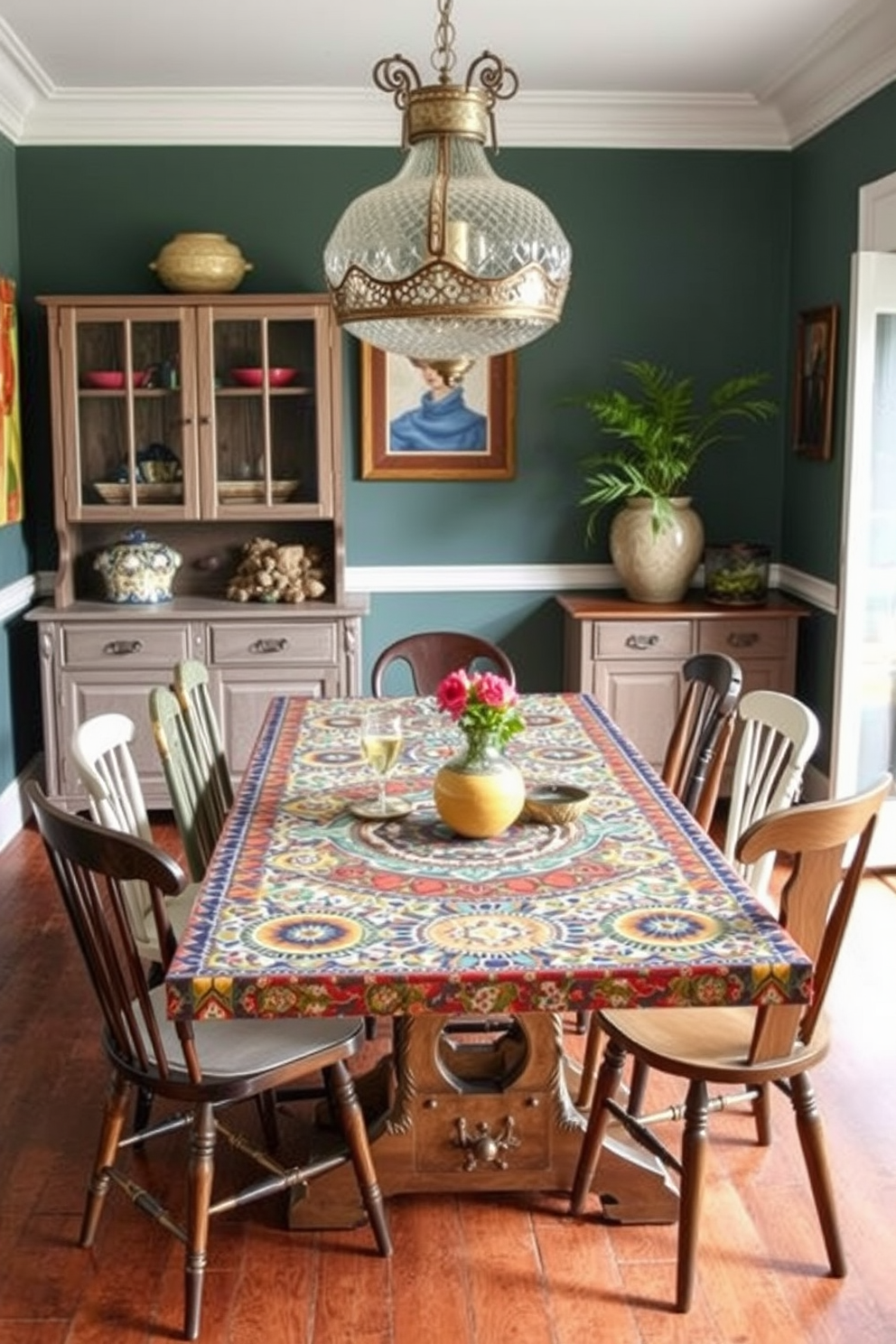 A bohemian style dining room features a mosaic tile dining table with vibrant colors and intricate patterns. Surrounding the table are mismatched chairs in various styles, creating an eclectic and inviting atmosphere.