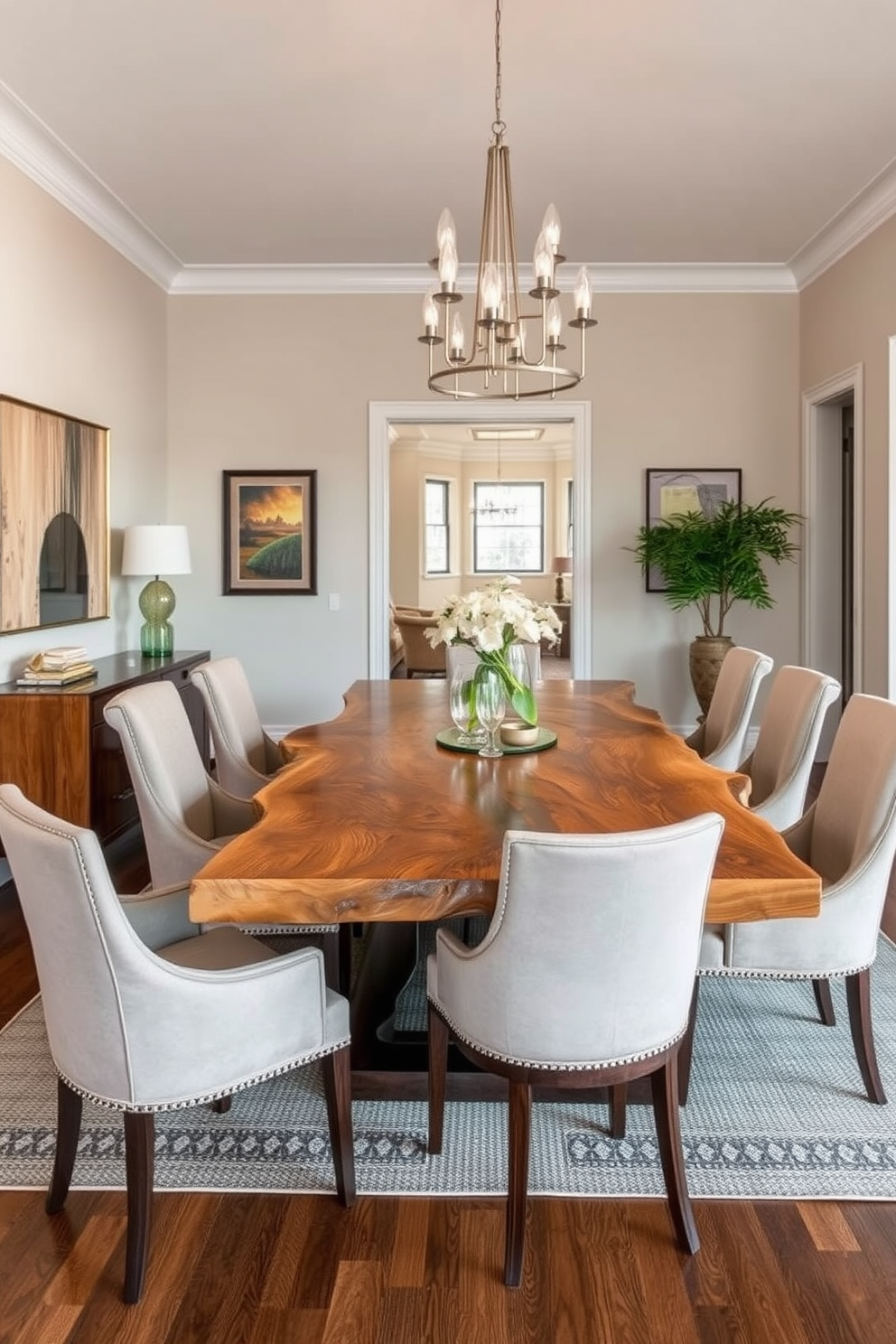 A stunning dining room features a custom live edge wood dining table that showcases the natural beauty of the wood grain. Surrounding the table are elegant upholstered chairs in a soft neutral fabric, creating a warm and inviting atmosphere. The walls are adorned with tasteful artwork that complements the organic feel of the table. A modern chandelier hangs above, casting a soft glow over the dining area and enhancing the overall design.