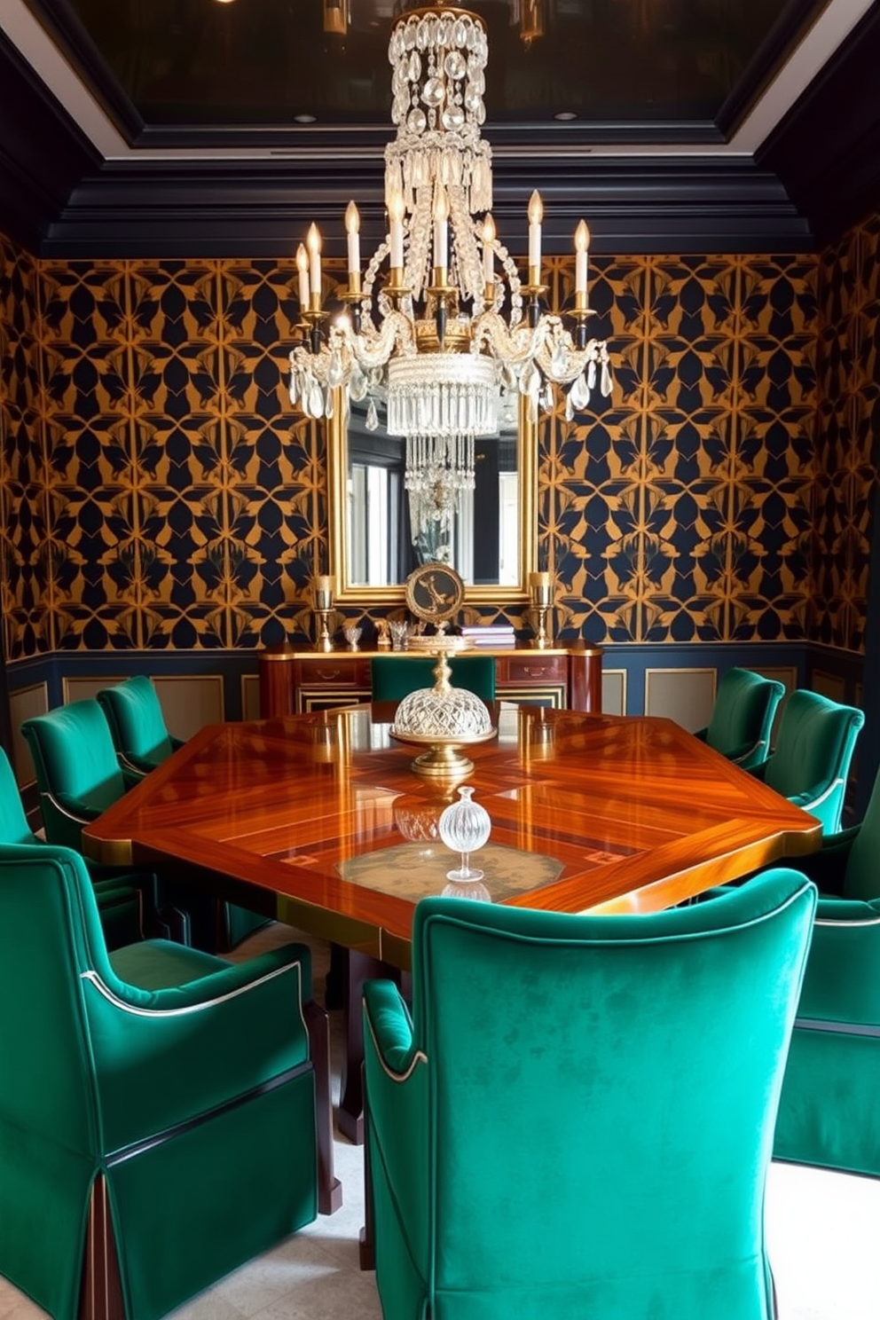 A stunning art deco inspired dining room features a geometric dining table crafted from polished mahogany with brass accents. Surrounding the table are plush velvet chairs in deep emerald green, enhancing the luxurious ambiance of the space. The walls are adorned with bold geometric wallpaper in gold and black, creating a striking backdrop. A large chandelier with crystal details hangs above the table, casting a warm glow over the elegant setting.