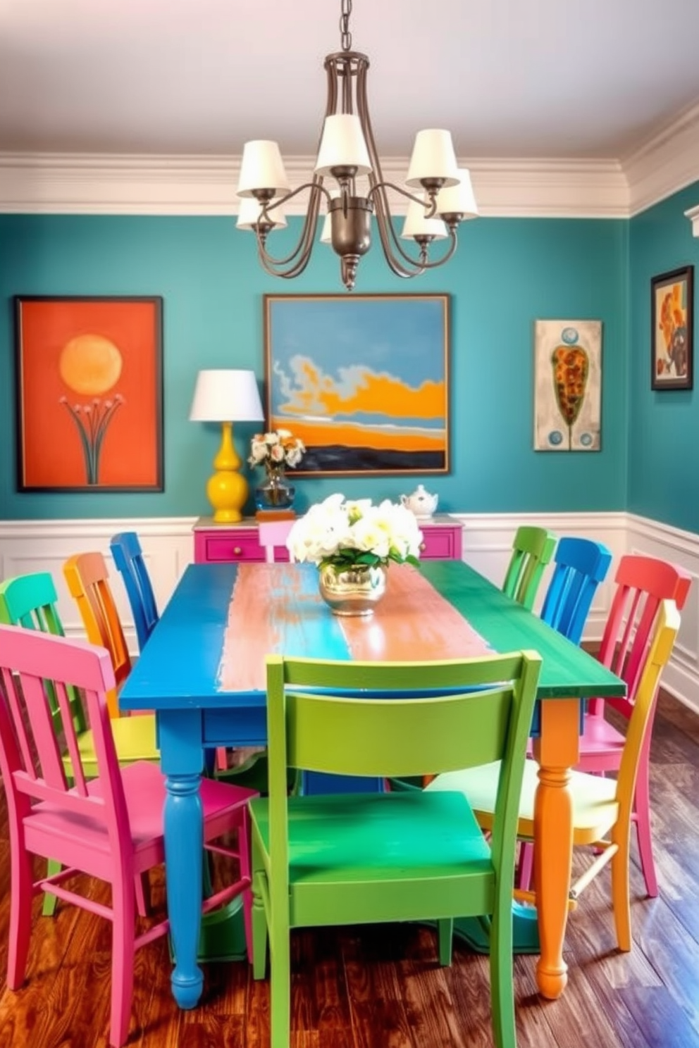 A vibrant dining room featuring a colorful painted dining table that serves as the focal point of the space. Surrounding the table are mismatched chairs in various bright colors, creating an eclectic and inviting atmosphere. The walls are adorned with cheerful artwork that complements the table's hues, adding personality to the room. A stylish chandelier hangs above, casting warm light over the table, enhancing the lively ambiance.