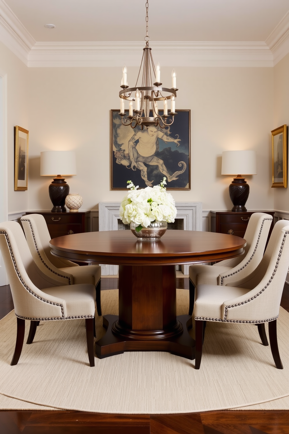 A stylish pedestal dining table takes center stage in an elegant dining room. Surrounding the table, upholstered chairs in a soft fabric complement the rich wood finish of the pedestal. The walls are adorned with tasteful artwork that enhances the sophisticated atmosphere. A chic chandelier hangs above the table, casting a warm glow over the inviting space.