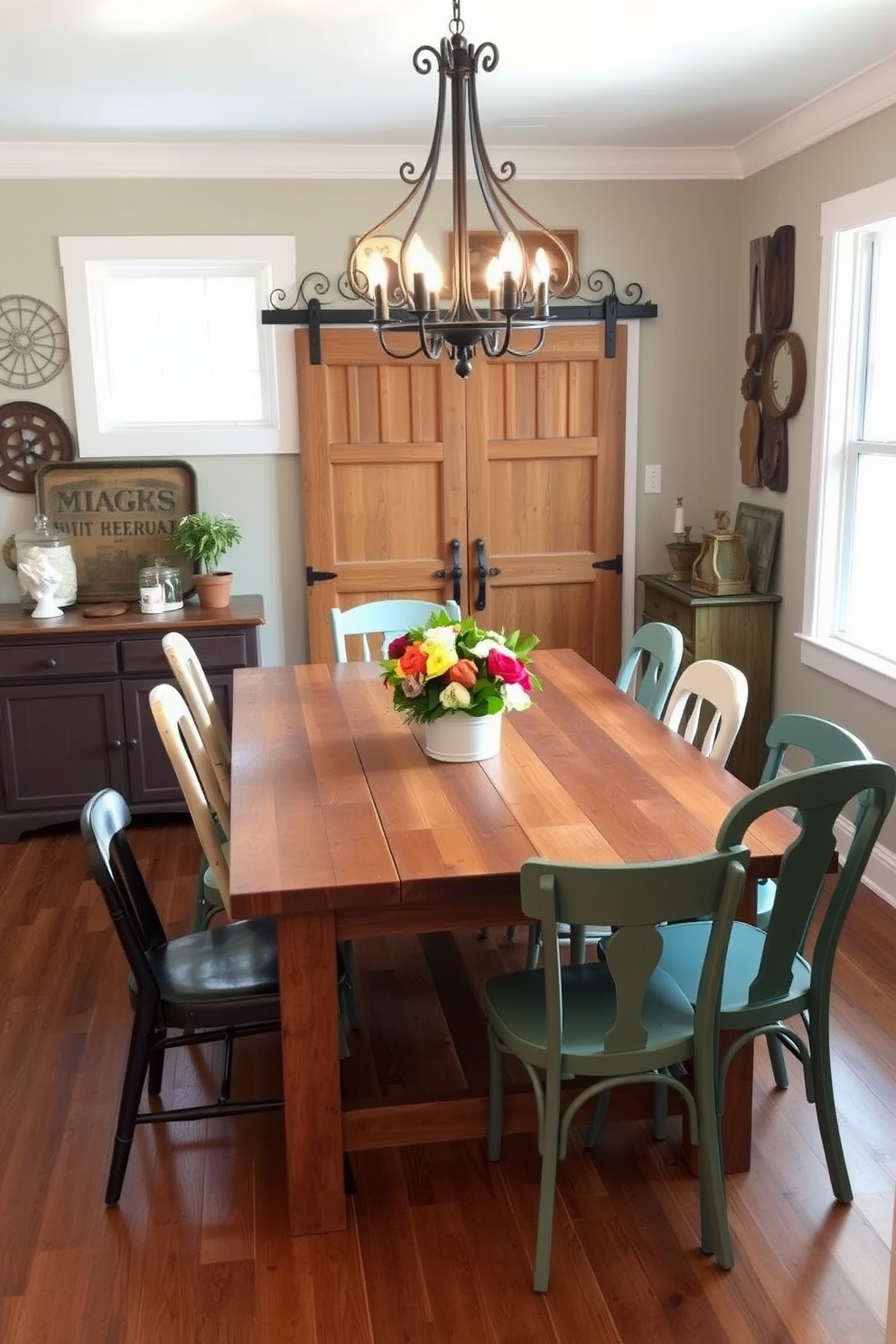 A rustic barn door dining table made from reclaimed wood sits in the center of a cozy dining room. Surrounding the table are mismatched chairs that add character, with soft lighting from a wrought iron chandelier overhead. The walls are adorned with vintage farmhouse decor, creating a warm and inviting atmosphere. A large window lets in natural light, highlighting a centerpiece of seasonal flowers on the table.