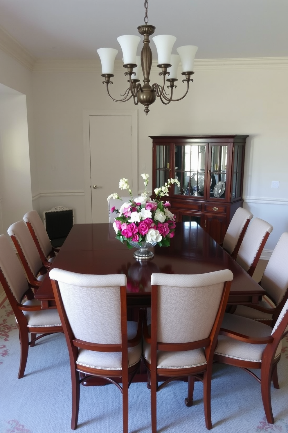 A traditional rectangular dining table made of rich mahogany is the centerpiece of the room, surrounded by elegantly upholstered chairs in a neutral fabric. A beautiful centerpiece of fresh flowers sits atop the table, complementing the warm tones of the wood and enhancing the inviting atmosphere of the dining space.