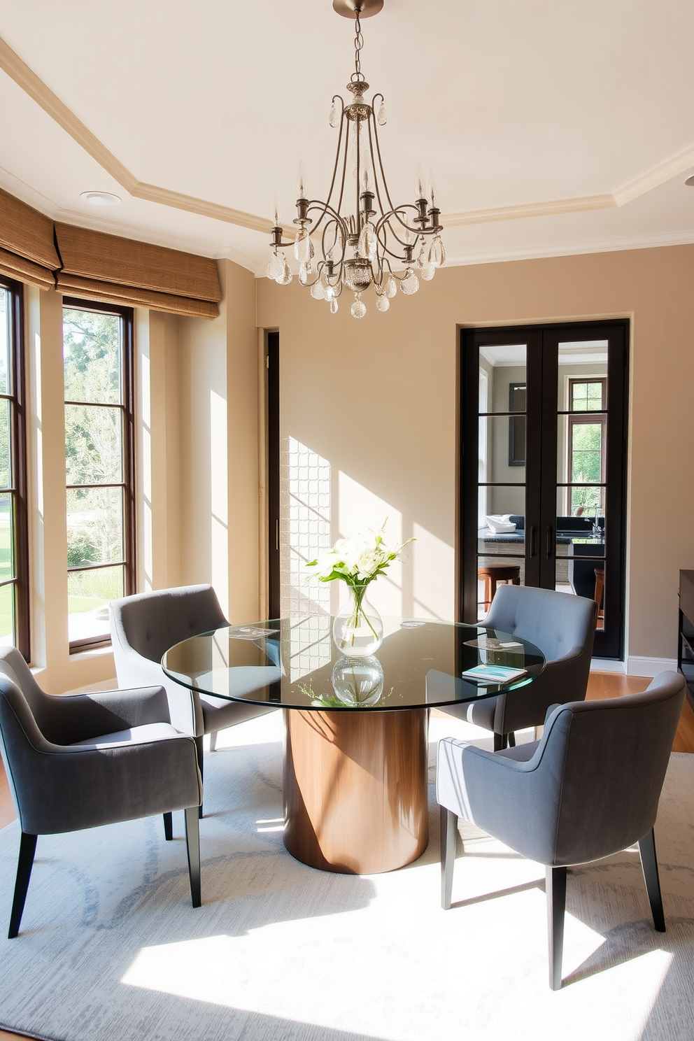 A modern dining room featuring a round glass dining table at the center. Surrounding the table are sleek upholstered chairs in a soft gray fabric, creating an inviting atmosphere. The walls are painted in a warm beige tone, complementing the natural light streaming in through large windows. A statement chandelier hangs above the table, adding a touch of elegance to the space.