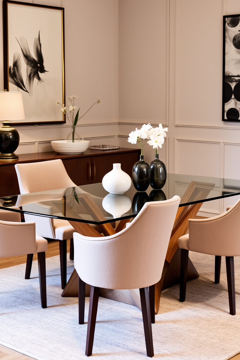 A modern dining room features a glass top dining table supported by a sleek wooden base. Surrounding the table are elegant upholstered chairs in a soft neutral fabric, creating a warm and inviting atmosphere.
