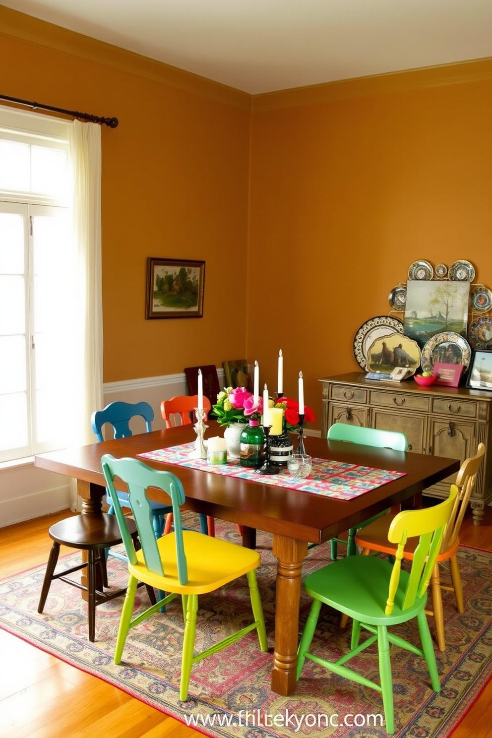 An eclectic dining room features a large wooden table surrounded by mismatched chairs in vibrant colors and patterns. The table is adorned with a colorful tablecloth and an assortment of unique centerpieces, including candles and fresh flowers. The walls are painted in a warm neutral tone, creating a cozy atmosphere. A vintage sideboard displays an array of decorative plates and art pieces, adding character to the space.