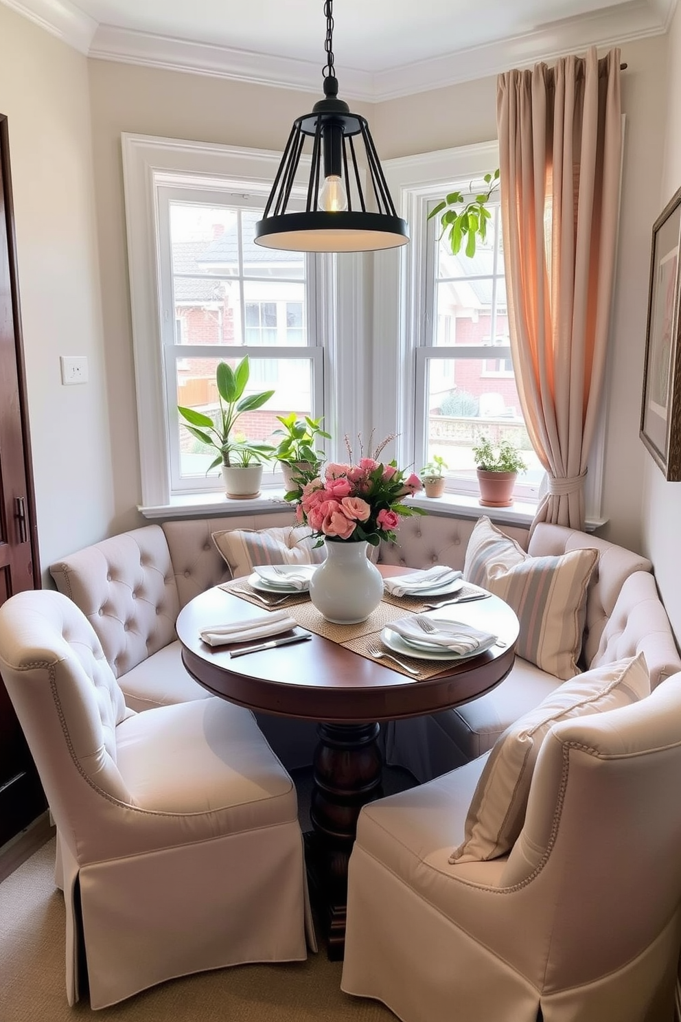 A cozy corner nook features a round wooden dining table surrounded by plush upholstered chairs in soft pastel colors. The nook is illuminated by a stylish pendant light, with potted plants adorning the windowsill, creating an inviting atmosphere. The table is set with elegant dinnerware and a centerpiece of fresh flowers in a ceramic vase. Soft textiles, such as a woven table runner and cozy throw pillows, add warmth and comfort to the dining experience.