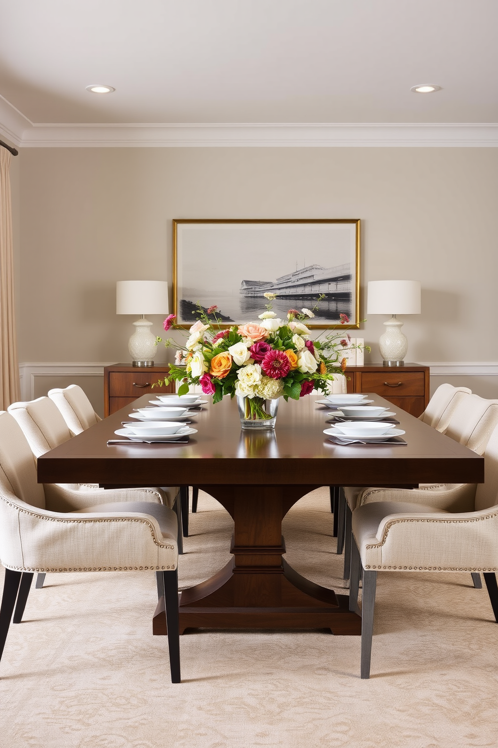 A transitional dining room featuring a large wooden dining table surrounded by plush upholstered chairs in a soft fabric. The table is adorned with a simple yet elegant centerpiece of seasonal flowers and a set of stylish tableware.