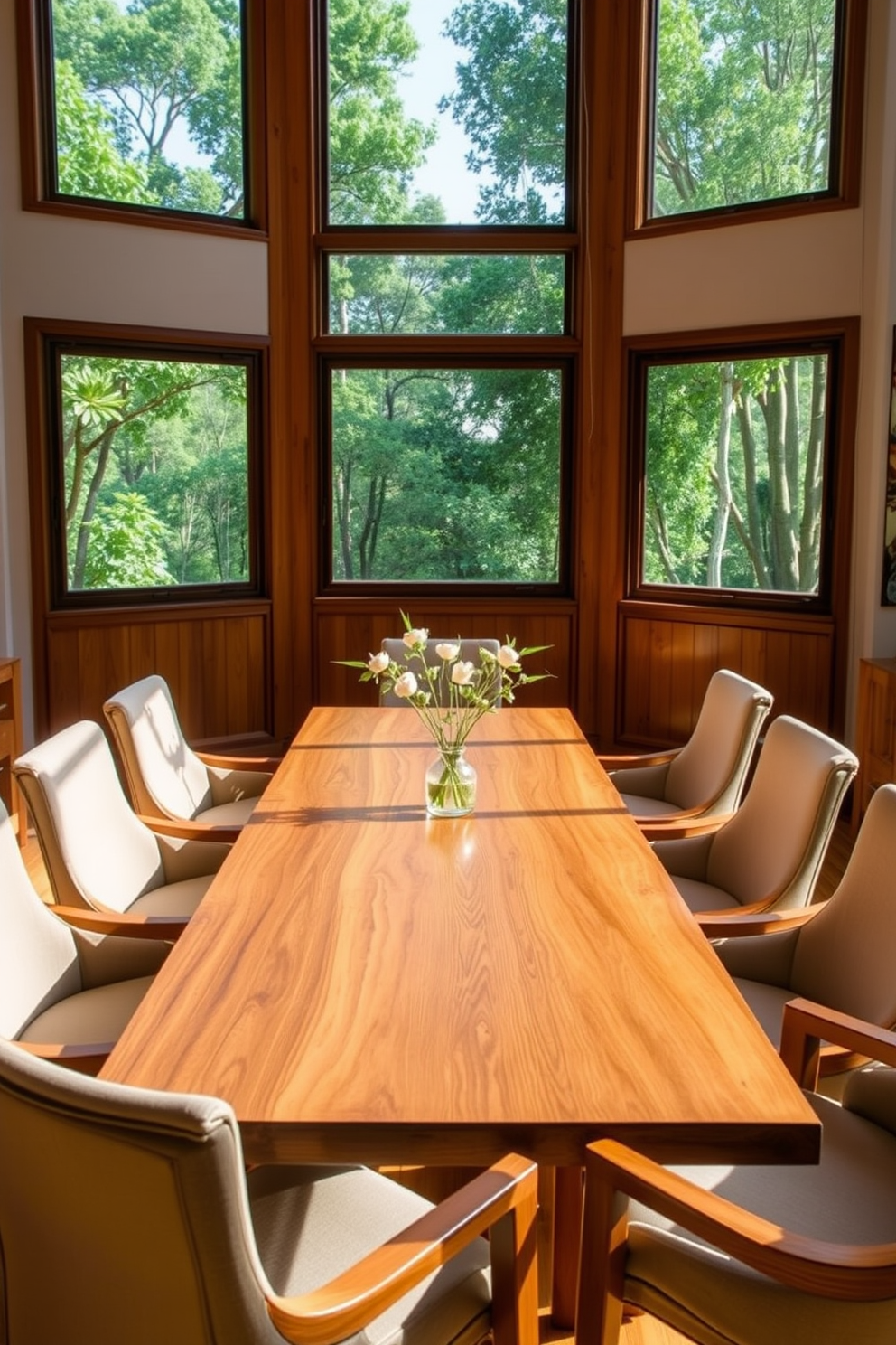 A sustainable bamboo dining table is the centerpiece of this dining room. Surrounding the table are elegantly designed chairs with soft, natural fabric upholstery. The room is bathed in warm, natural light from large windows that frame a lush outdoor view. Earthy tones in the decor complement the bamboo, creating a harmonious and inviting atmosphere.