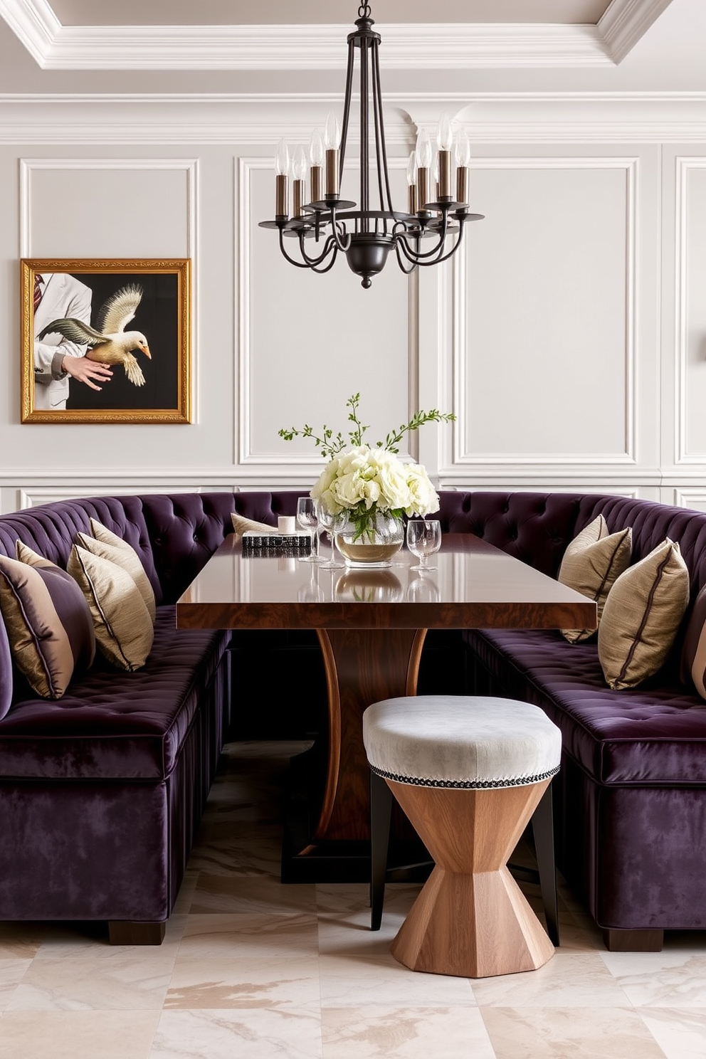 A luxurious dining room features plush velvet upholstered benches that complement a sleek wooden dining table. The benches are adorned with elegant throw pillows, creating an inviting atmosphere for gatherings.