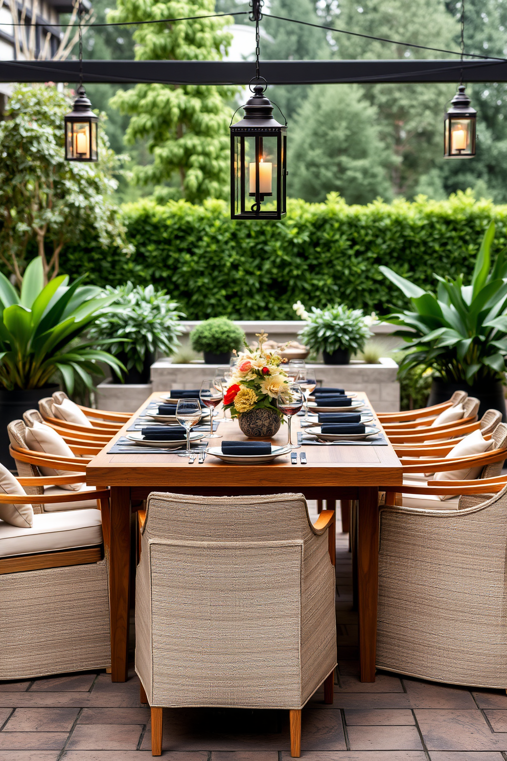 An elegant outdoor dining table made from weatherproof materials such as teak or aluminum. Surrounding the table are comfortable, stylish chairs with soft cushions, creating a welcoming atmosphere for al fresco dining. The table is set with sophisticated dinnerware and ambient lighting from hanging lanterns above. Lush greenery and potted plants enhance the natural beauty of the outdoor space, providing a serene backdrop for meals.