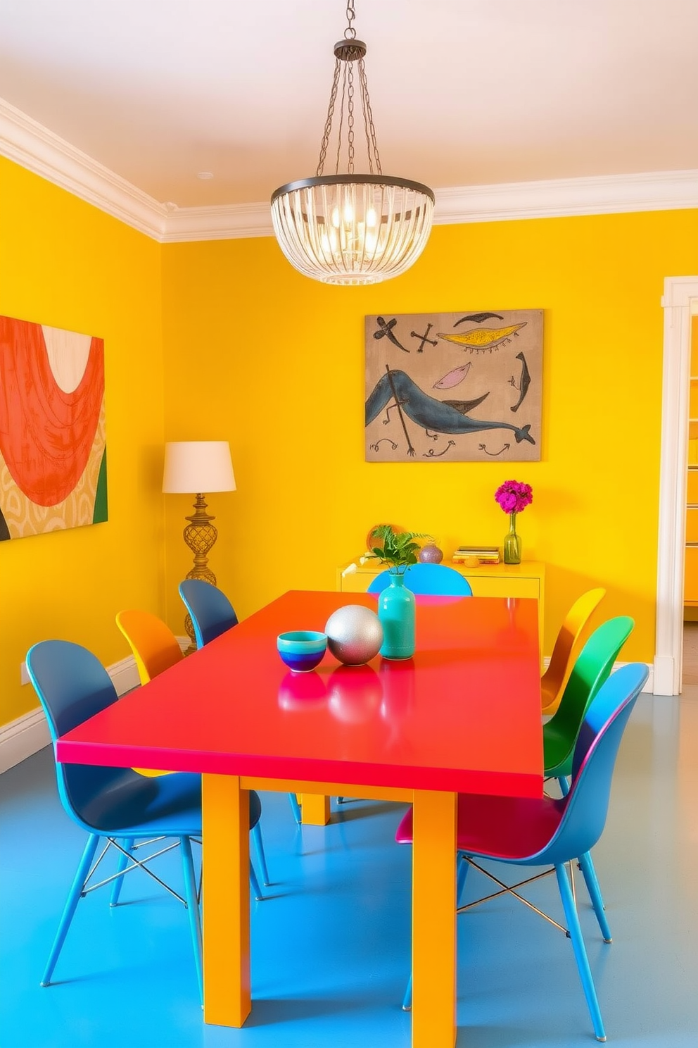 A brightly colored dining table serves as the focal point in the dining room. Surrounding the table are stylish chairs that complement its vibrant hue, creating an inviting atmosphere for gatherings. The walls are adorned with art pieces that echo the table's colors, adding a playful touch to the space. A chic chandelier hangs above, providing warm lighting that enhances the overall ambiance of the room.