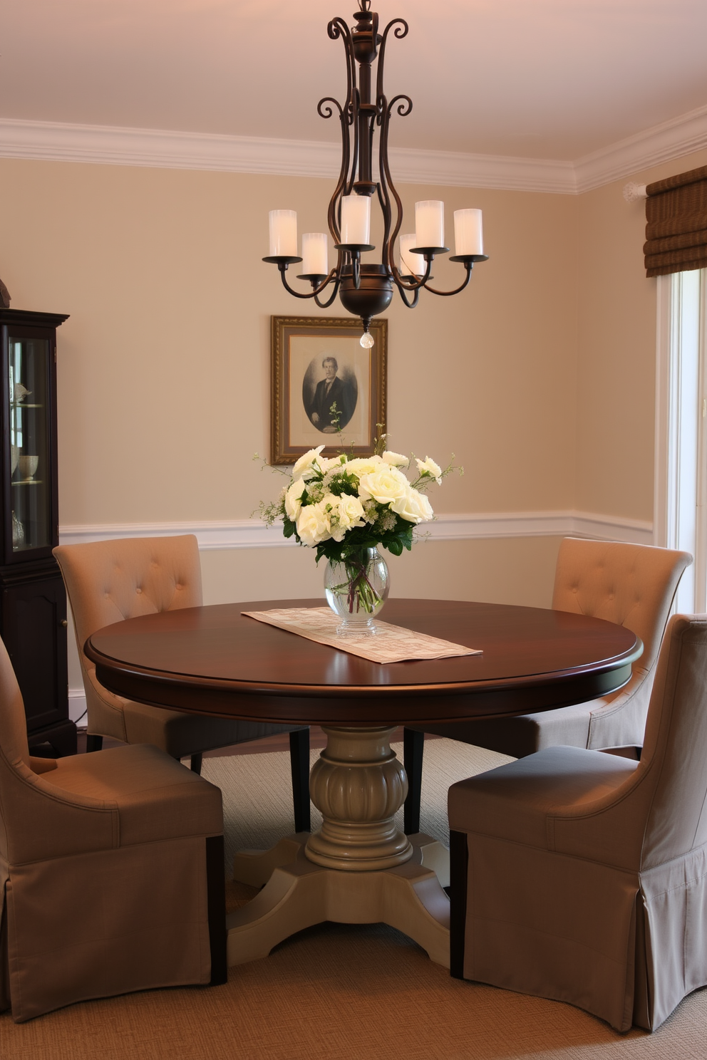 A classic round pedestal dining table is the centerpiece of an elegant dining room. Surrounding the table are upholstered chairs in a soft fabric, creating a warm and inviting atmosphere. The table is adorned with a tasteful table runner and a centerpiece of fresh flowers in a stylish vase. Soft ambient lighting from a chandelier above enhances the cozy feel of the space.