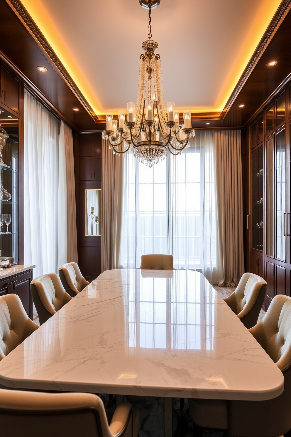 A stunning dining room featuring an elegant marble top dining table surrounded by plush upholstered chairs. The room is illuminated by a modern chandelier that casts a warm glow over the space, enhancing the luxurious atmosphere. Rich wooden cabinetry lines the walls, providing ample storage and display space for fine china and glassware. Large windows draped with sheer curtains allow natural light to filter in, creating an inviting and airy ambiance.
