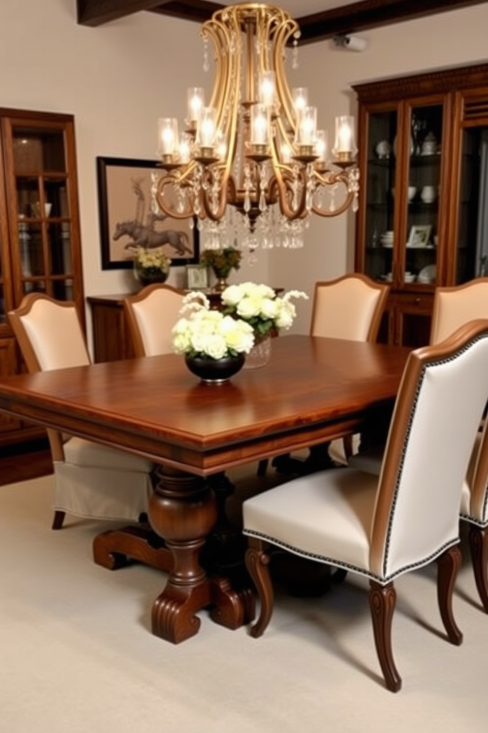 Artisan crafted dining table with intricate details. The table features a rich walnut finish with hand-carved legs and a smooth surface that showcases the natural grain of the wood. Surrounding the table are elegant upholstered chairs in a soft cream fabric, providing a comfortable yet stylish seating option. The room is adorned with a statement chandelier that casts a warm glow, enhancing the inviting atmosphere of the dining area.