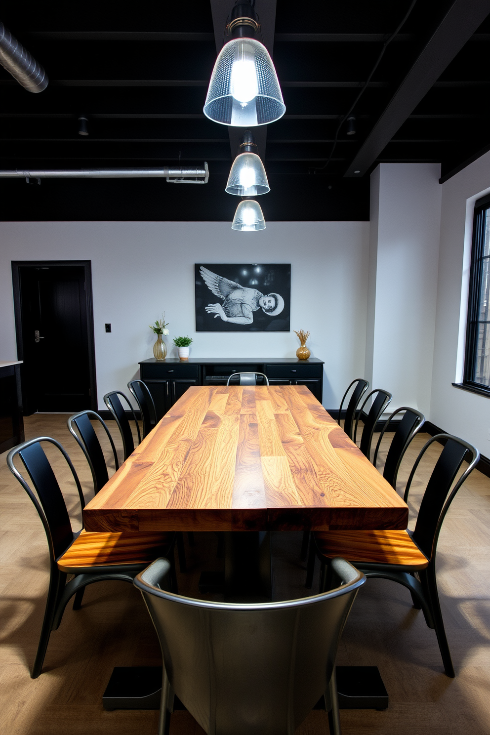 A striking dining room features a fusion of industrial metal and reclaimed wood in the table design. The table boasts a robust metal frame with a smooth, polished wooden surface that showcases its natural grain and texture. Surrounding the table are sleek metal chairs with wooden accents, providing a modern yet warm touch to the space. The room is illuminated by pendant lights with an industrial design, casting a cozy glow over the dining area.