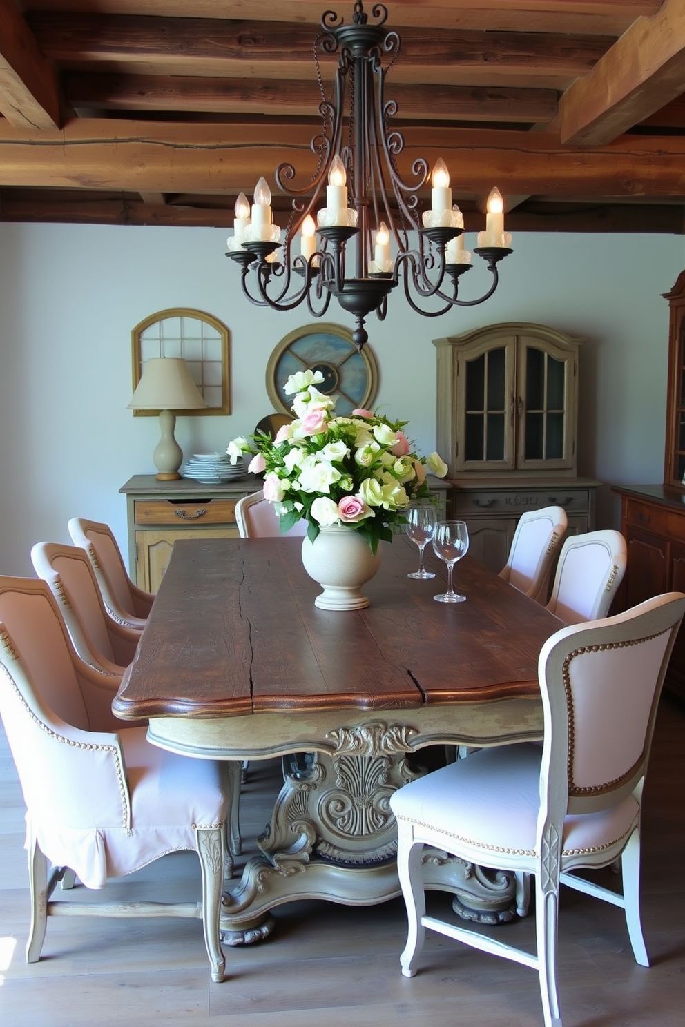 A vintage French country dining room features a beautifully weathered wooden table with intricate carvings and a distressed finish. Surrounding the table are mismatched upholstered chairs in soft pastel colors, creating a cozy and inviting atmosphere. The room is adorned with rustic elements such as exposed wooden beams and a large chandelier made of wrought iron. Fresh flowers in a ceramic vase sit at the center of the table, complemented by vintage dinnerware and elegant glassware.