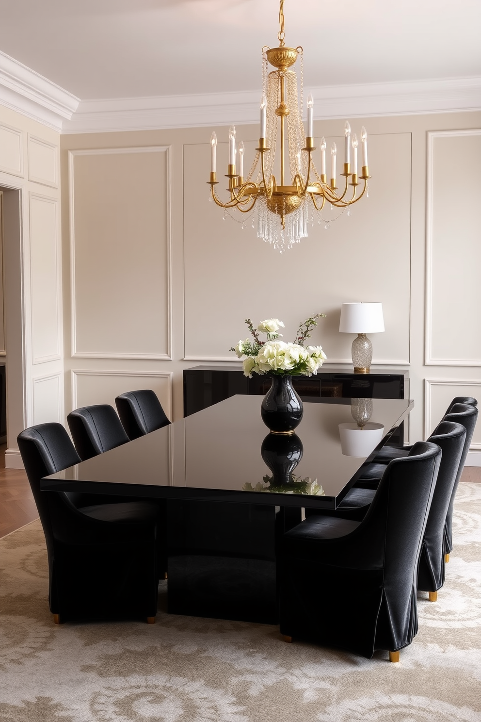 A sleek black dining table with gold accents takes center stage in a modern dining room. Surrounding the table, elegant upholstered chairs in a rich velvet fabric complement the luxurious aesthetic. The walls are painted in a soft neutral tone, enhancing the sophistication of the space. A statement chandelier with gold details hangs above the table, providing warm ambient lighting for intimate gatherings.