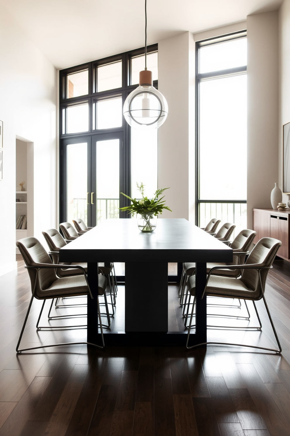 A contemporary dining room featuring a sleek concrete dining table at its center. Surrounding the table are modern chairs with metal frames and soft fabric upholstery, adding a touch of comfort to the industrial aesthetic. Natural light streams through large windows, illuminating the space with a warm glow. The walls are adorned with minimalist artwork, and a statement pendant light hangs above the table, creating an inviting atmosphere for gatherings.