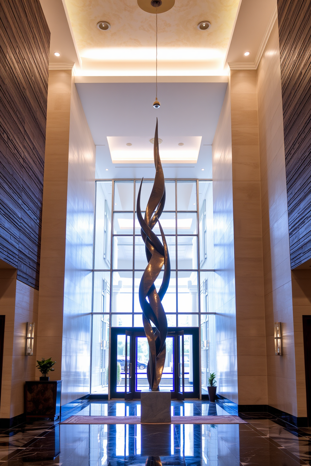 Artistic sculpture serves as the focal point in a grand entrance foyer. The space features high ceilings with elegant lighting, and the walls are adorned with textured finishes that complement the sculpture's design.