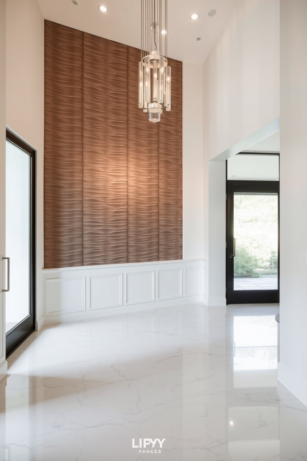 A stunning entrance foyer featuring textured wall panels that add depth and visual interest. The space is illuminated by a modern chandelier, casting a warm glow on the elegant marble floor.