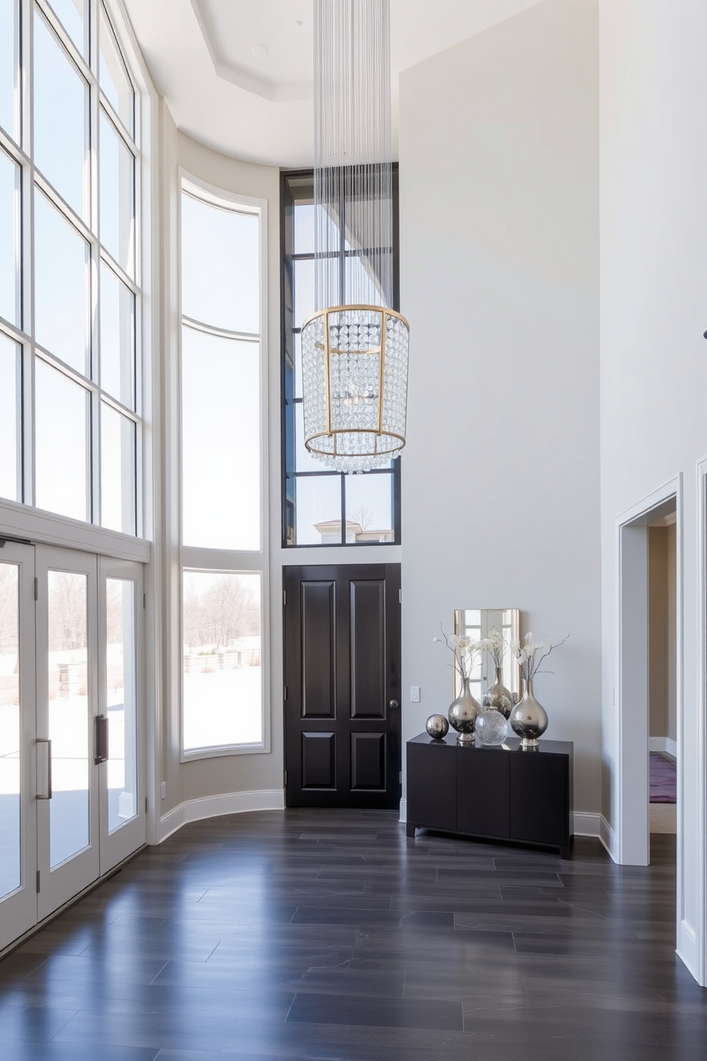 A grand entrance foyer with floor-to-ceiling windows that allow ample natural light to flood the space. The foyer features a stunning chandelier hanging from a high ceiling and a sleek console table adorned with decorative accents.
