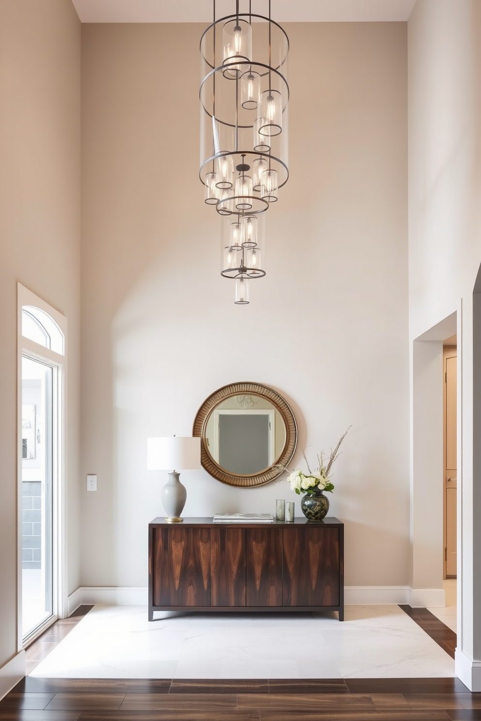 A welcoming entrance foyer featuring layered lighting with elegant pendant fixtures hanging from a high ceiling. The space is adorned with a large console table against the wall, complemented by a stylish mirror above it.