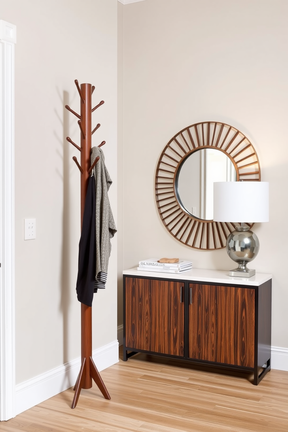 Chic coat rack for functional style. A sleek wooden coat rack with minimalist design stands against the wall, featuring multiple hooks for easy access to outerwear. Entrance foyer design ideas. The foyer is adorned with a statement console table, topped with a decorative mirror and a stylish lamp, creating an inviting atmosphere.