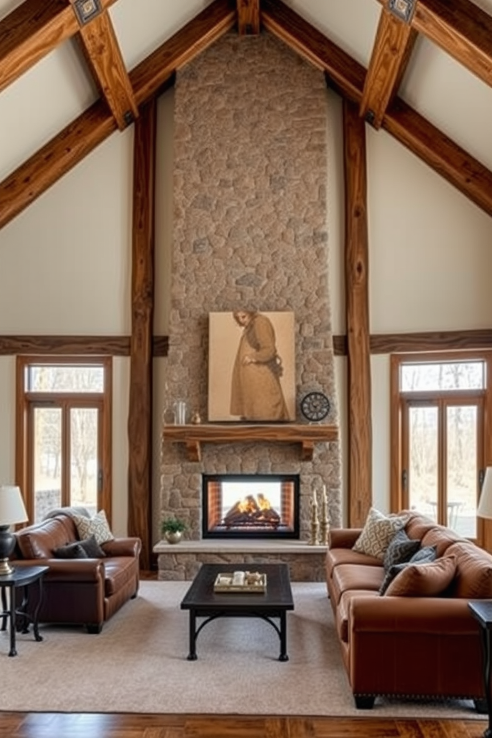 A cozy fireplace serves as the focal point of the family room, surrounded by rustic wooden beams that add warmth and character. Plush seating in earthy tones invites relaxation, while large windows allow natural light to fill the space.