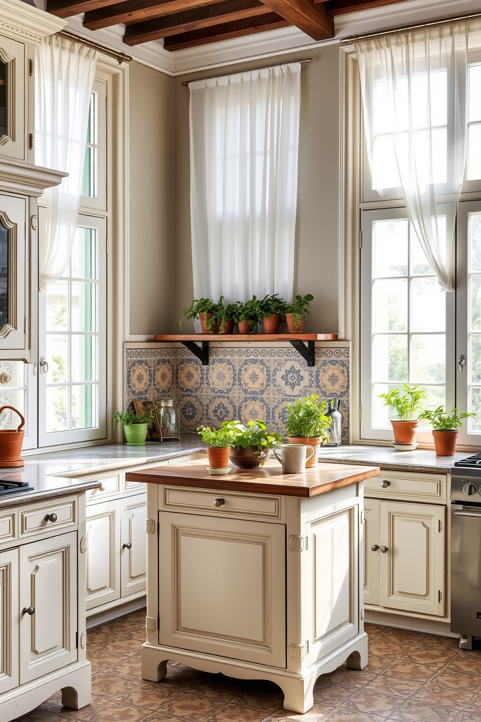 A charming European kitchen featuring heritage tiles that add a Mediterranean touch. The cabinetry is a soft cream color with intricate details, complemented by a rustic wooden island in the center. Natural light floods the space through large windows adorned with sheer curtains. A collection of potted herbs sits on the windowsill, enhancing the inviting atmosphere of the kitchen.