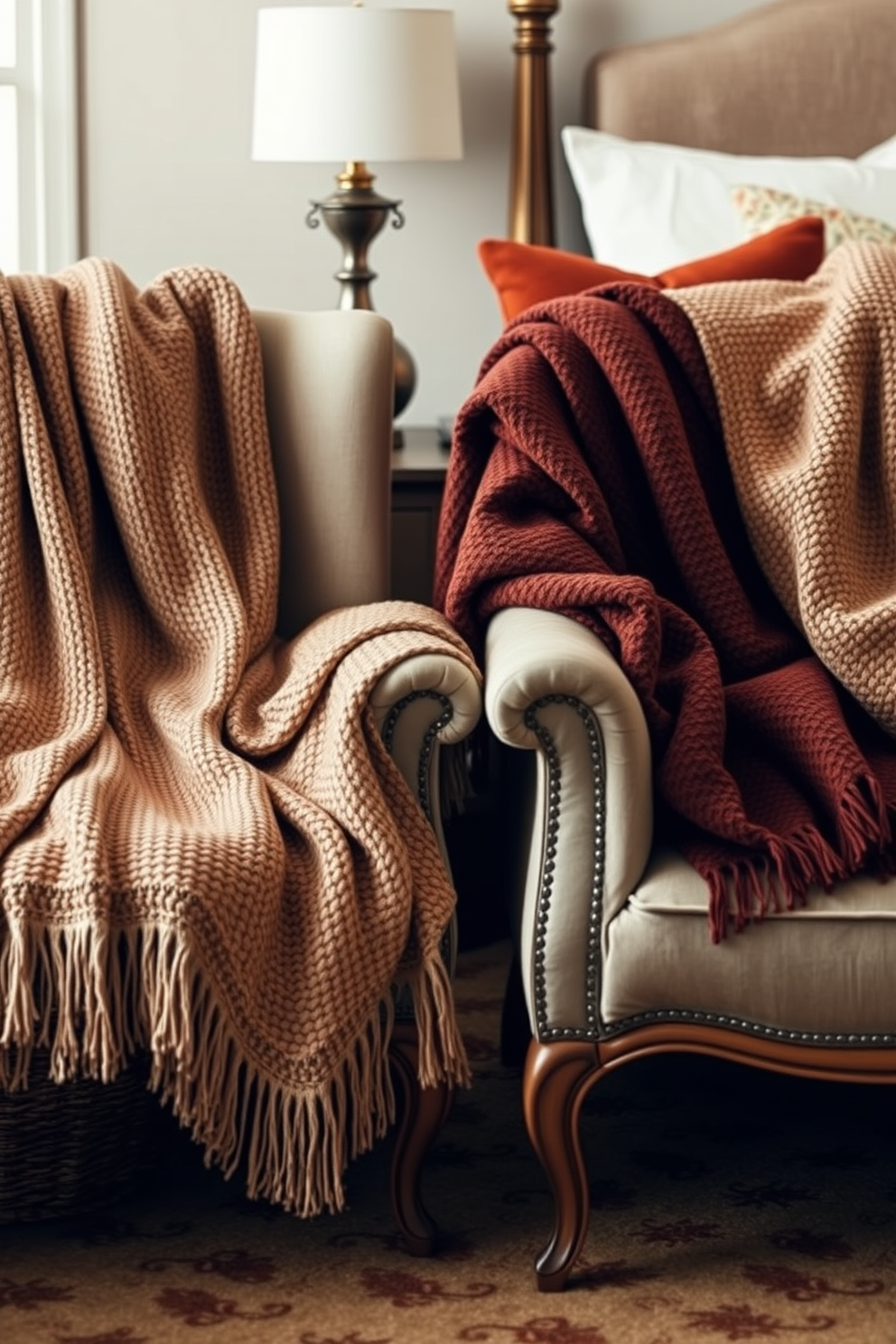 A cozy fall bedroom setting featuring textured throws draped over elegant chairs. The color palette includes warm earth tones with hints of deep orange and rustic brown to evoke a sense of comfort and warmth.