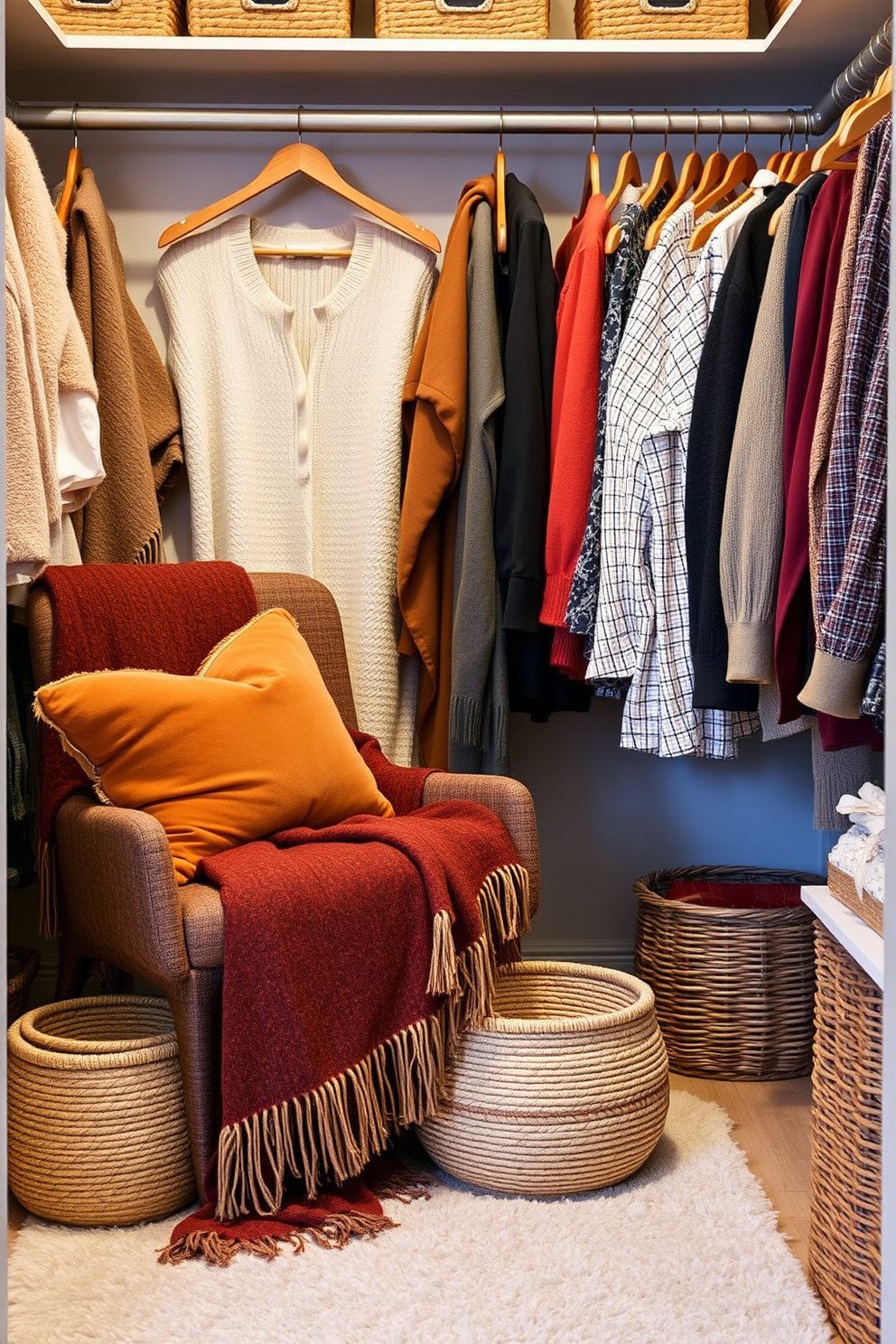 Layered textures create a cozy and inviting atmosphere in a fall closet. Imagine soft woolen throws draped over a stylish chair, complemented by plush cushions in warm autumn hues. Incorporate rich fabrics like velvet and flannel for a seasonal touch. Use wooden hangers and woven baskets to add natural elements and keep the space organized.