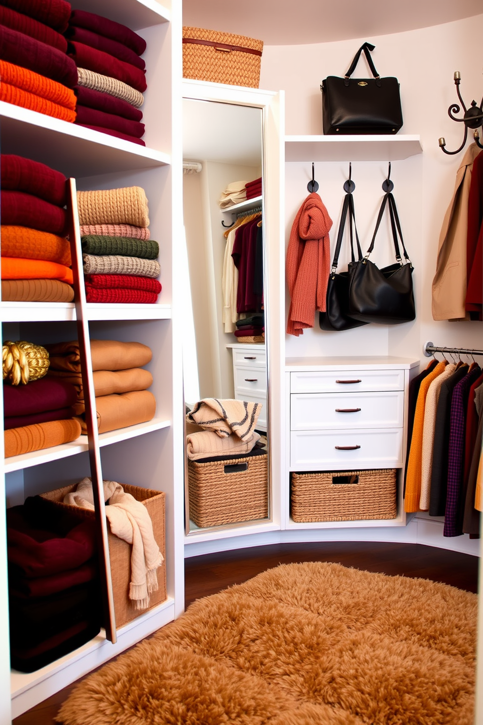 A stylish fall closet featuring a warm color palette with rich burgundy, deep orange, and soft beige tones. The shelves are neatly organized with sweaters stacked by color, and seasonal accessories like scarves and hats are displayed in decorative bins. A full-length mirror reflects the cozy ambiance, while a plush area rug in earthy tones adds warmth to the space. Decorative hooks on the wall hold handbags and jackets, creating an inviting and functional fall closet design.