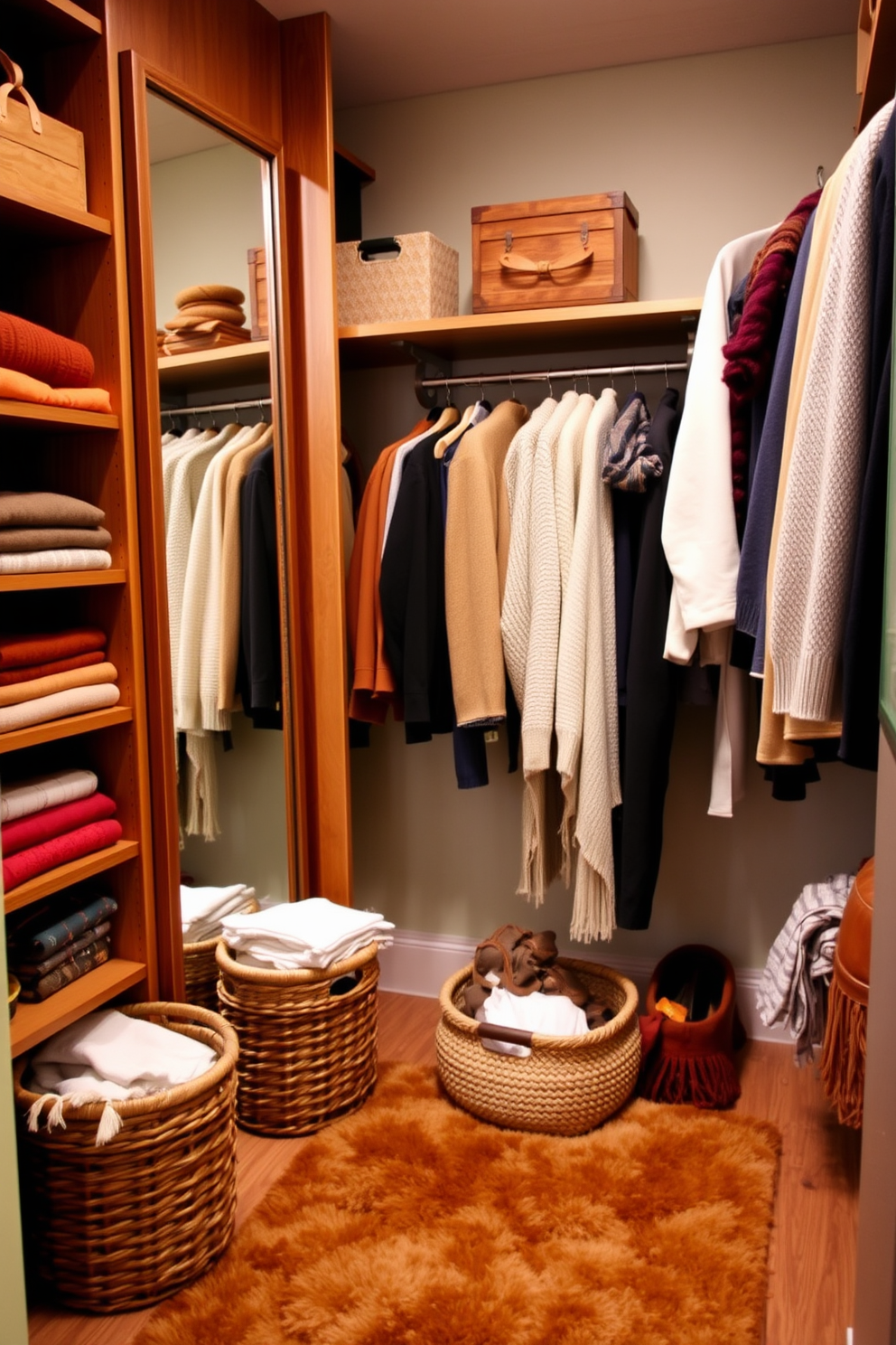 A stylish and organized fall closet featuring warm tones and cozy textures. The closet includes a large mirror to enhance the sense of space, reflecting the rich autumn colors of the decor. On one side, there are wooden shelves adorned with neatly folded sweaters and seasonal accessories. A plush area rug in earthy tones adds a touch of comfort underfoot, while decorative baskets keep items tidy and accessible.