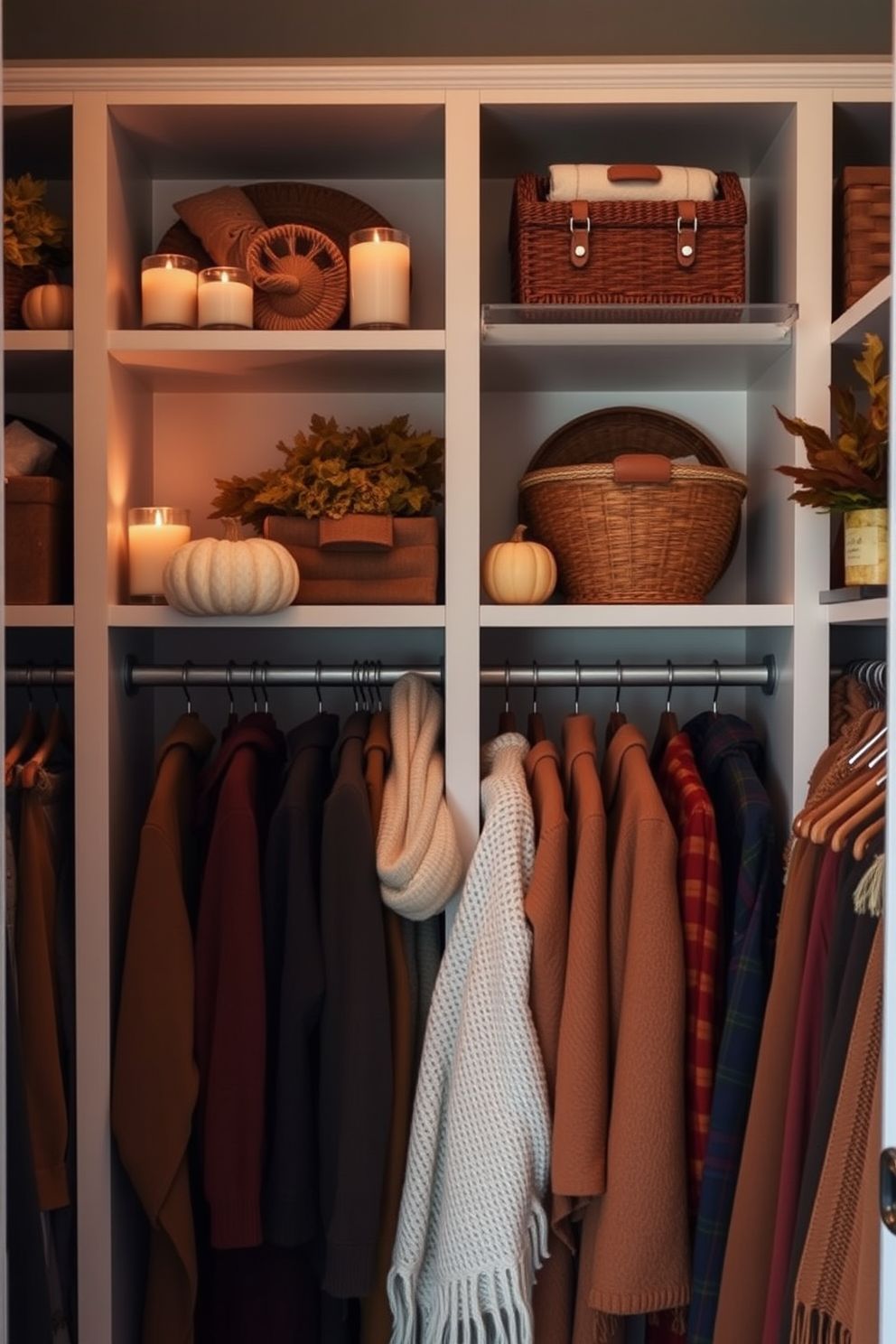 A cozy fall closet adorned with scented candles on the shelves creates an inviting atmosphere. Soft, warm lighting enhances the rich colors of autumn-inspired decor, including plush throws and decorative baskets. Incorporate seasonal elements like mini pumpkins and dried leaves to bring the essence of fall into your closet space. The arrangement of clothing in earthy tones complements the overall aesthetic, making the closet not just functional but also a delightful retreat.