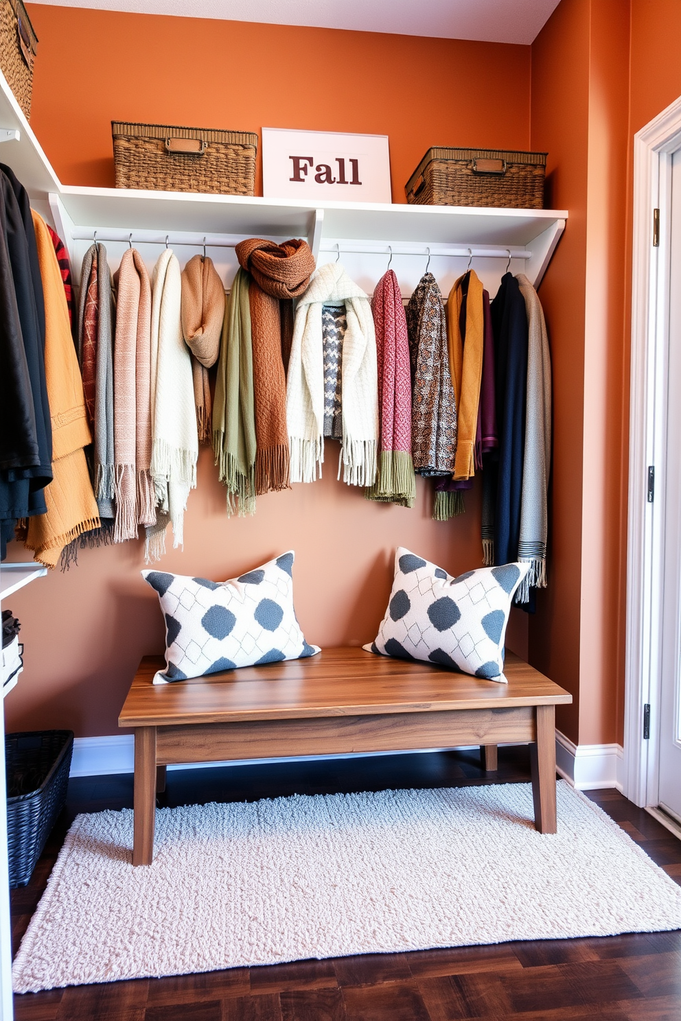 A stylish closet designed for fall, featuring an organized display for seasonal scarves. The walls are painted in warm earthy tones, and a cozy rug lies beneath a chic wooden bench for added seating.
